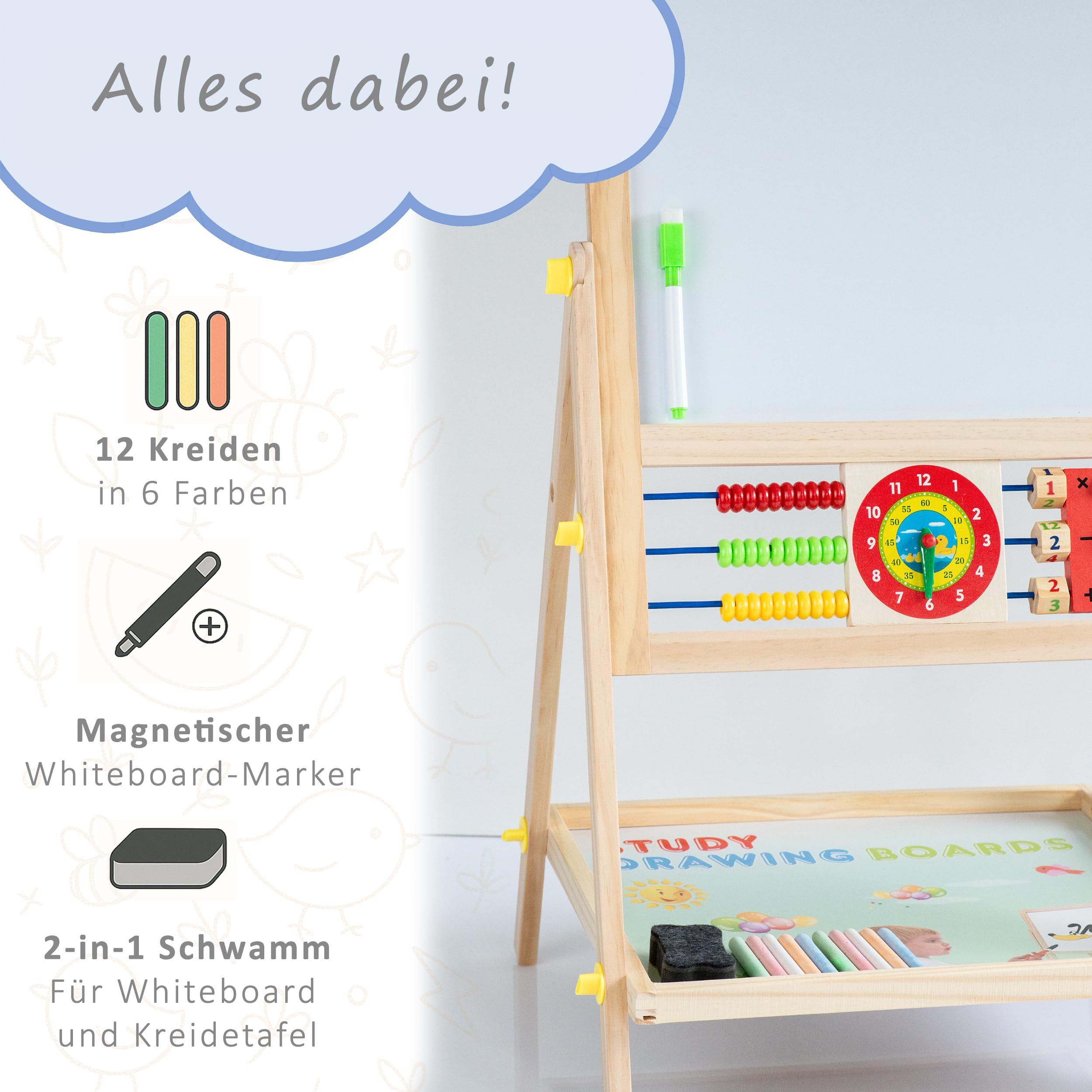 Montessori Board - Holztafel 6 in 1 – Magnetkreide Tafel für Kinder, Doppelseitig, Höhenverstellbar, Kreativitätsfördernd, Ideal für Lernen, Malen & Zählen, 1-6 Jahre