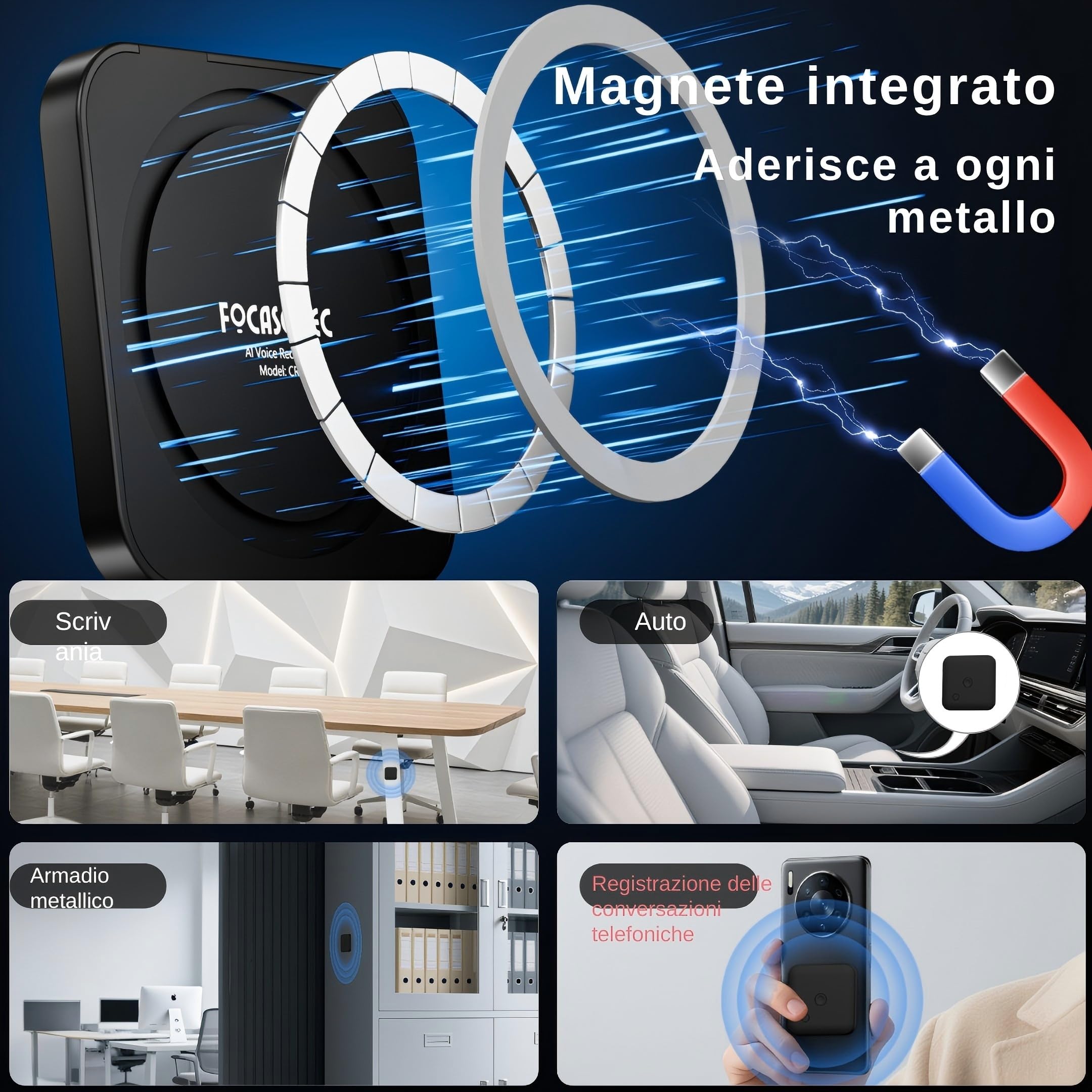 Mini Registratore Vocale IA con Trascrizione: Sottile 6 mm, Trascrivi e Riassumi, Registratore Audio Magnetico per Smartphone, Riunioni, Lezioni, Interviste
