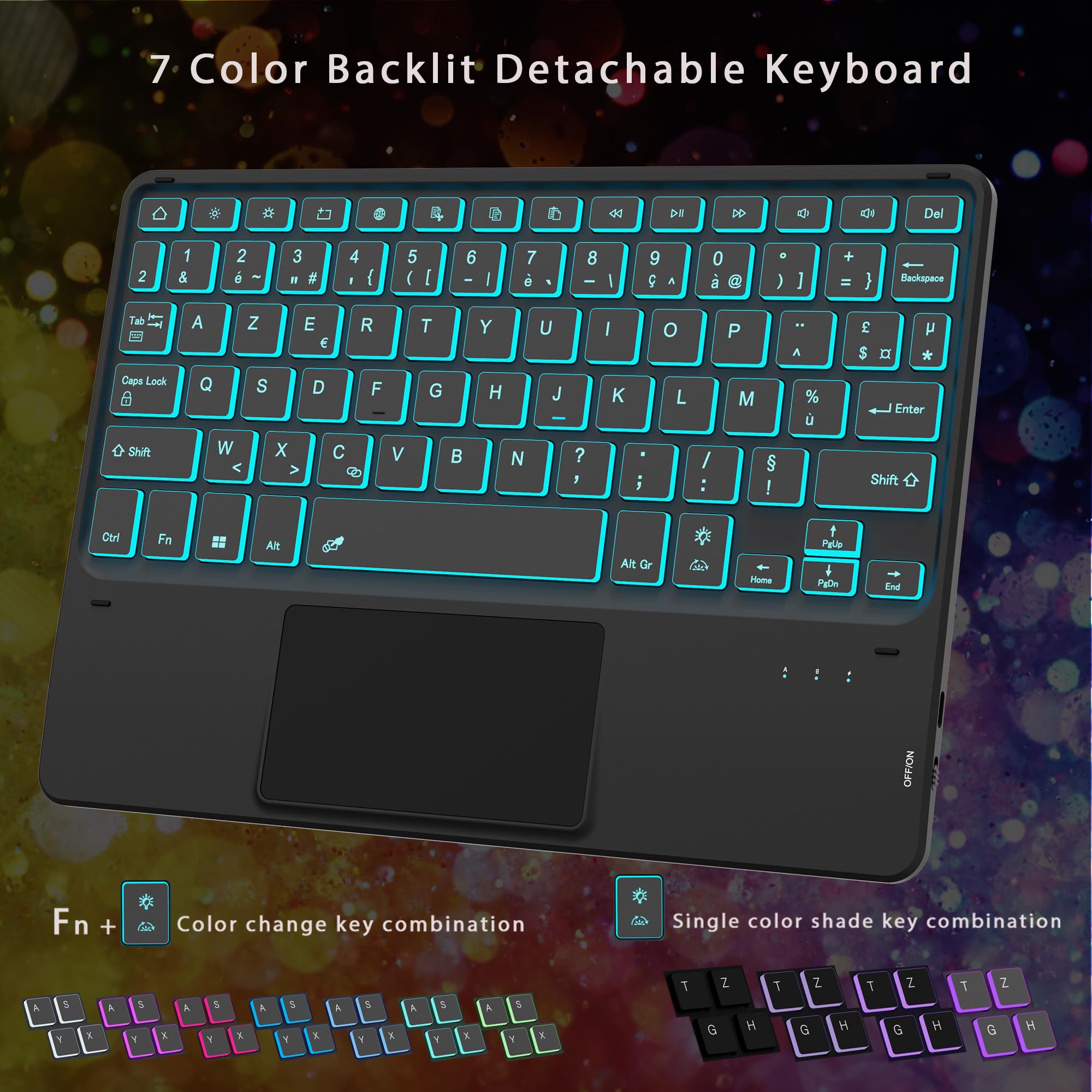 Étui Clavier pour Samsung Galaxy Tab A11 Plus/A9+ 11 Pouces - 7 Couleurs Rétroéclairées Amovible Tablette Coque Sans Fil avec Pavé Tactile – Tab A9 Plus 11" Rechargeable AZERTY Français Clavier Noir
