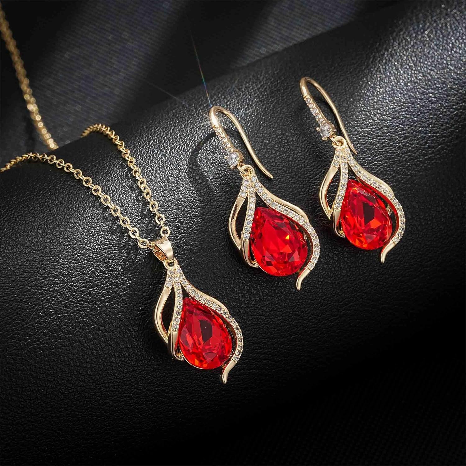 EVEVIC Austrian Crystals Teardrop Hollow Twisted Pendant Necklace Earrings for Women 14K Gold Plated Halo Drop Dangle Earrings Hypoallergenic Jewelry Set - Image 3