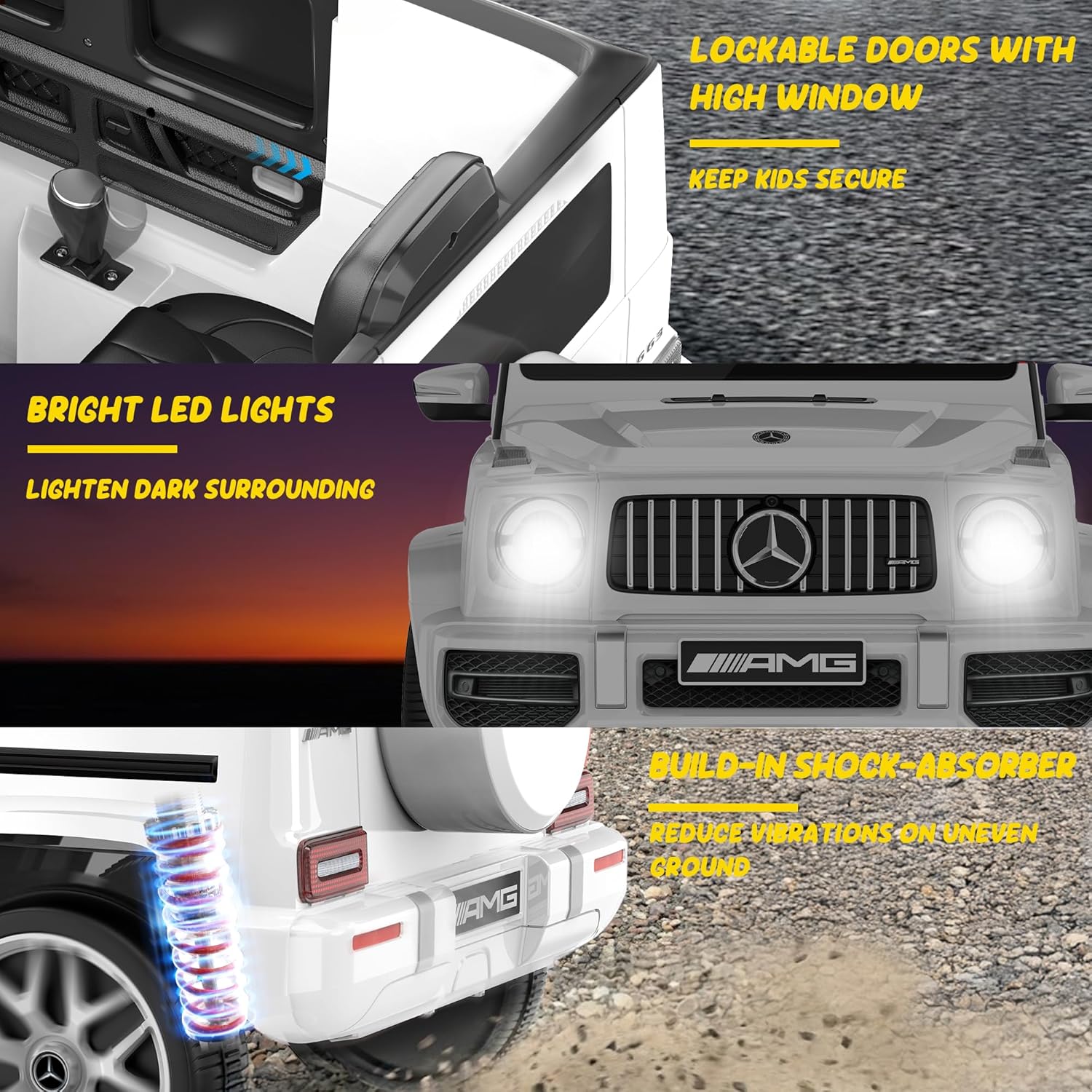 Licensed Mercedes Benz G63 Kids Electric Car, 12V 7Ah G wagon Ride on Car w/Safety High Window, Remote Control, 3 Speeds, Music Player, Horn & LED Lights for Toddlers (White)