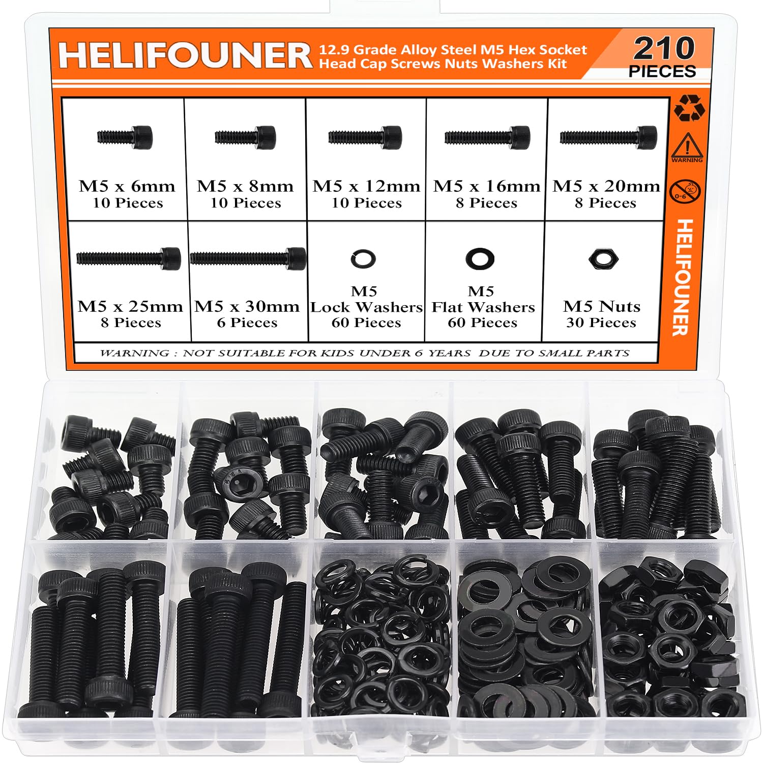 HELIFOUNER 210 Pieces M5 x 6mm /8mm /12mm /16mm /20mm /25mm /30mm, Hex Socket Head Cap Screws Bolts Washers Nuts Kit, 12.9 Grade Alloy Steel, Full