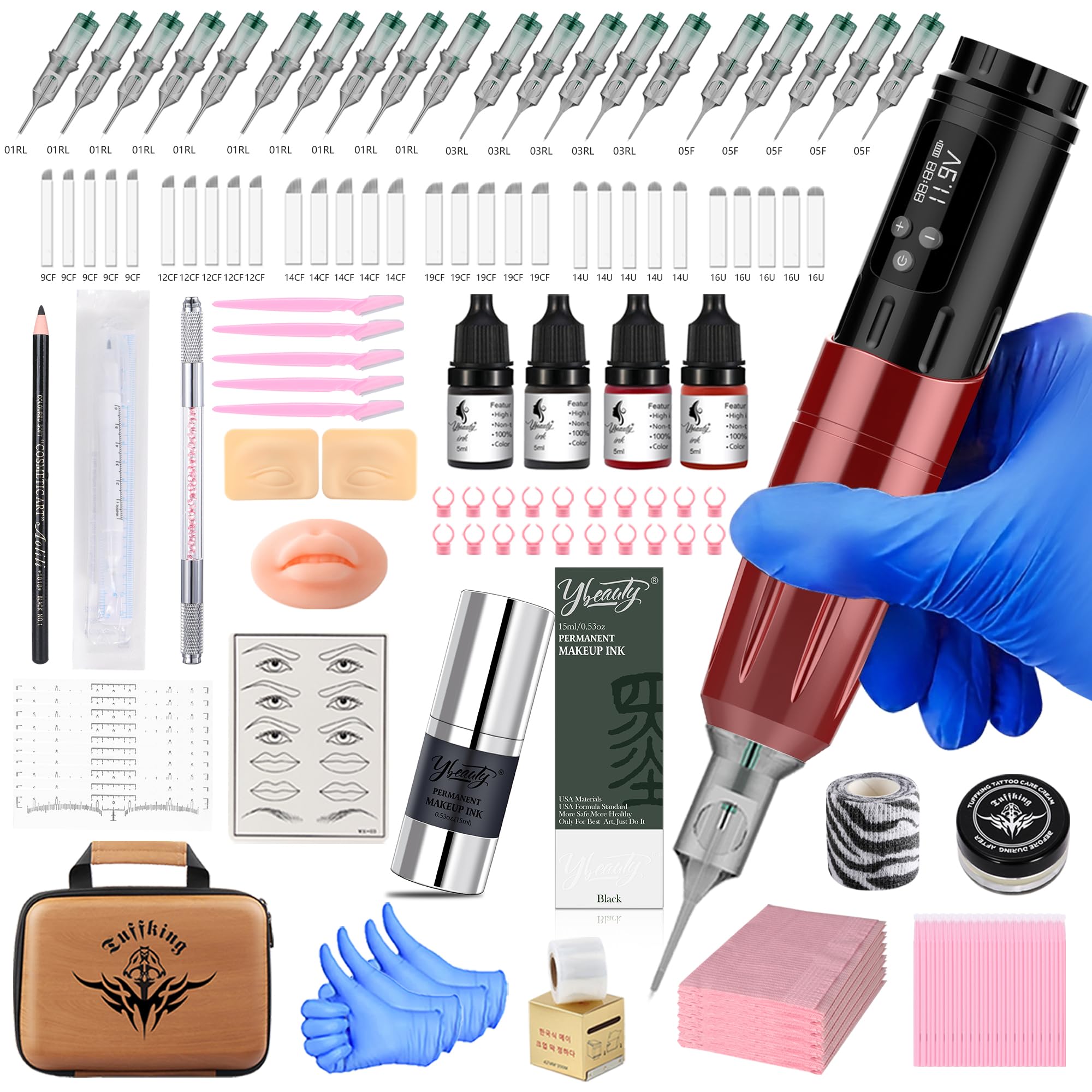 Semi-Permanent Makeup Microblading Machine Kit, Professional Wireless Tattoo Gun Kit with 1800mAh Capacity Power, 50Pcs Cartridge Needles, 5Pcs Eyebrow Tatoo Inks for Artists Beginners (Red, P3)