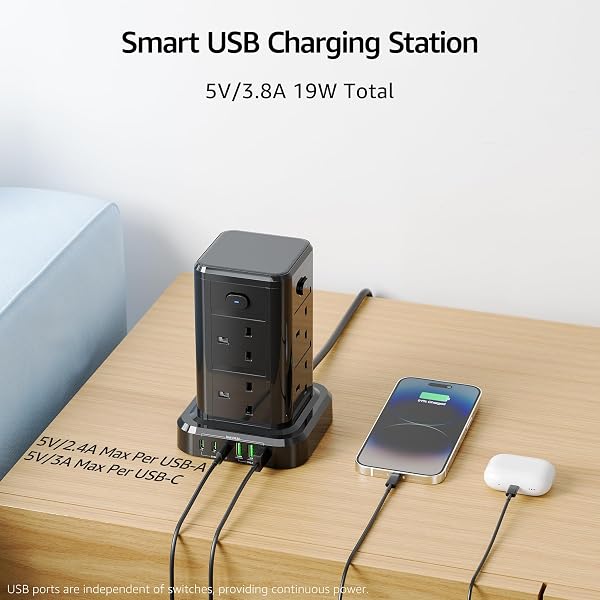 Tower Extension Lead with USB C Slots, 8 Way Multi Plug Extension Tower with 6 USB Ports, 13A 3250W Extension Cable with 4 Independent Control Switch, 1.8M Power Strip Tower for Home, Office, Kitchen - 2