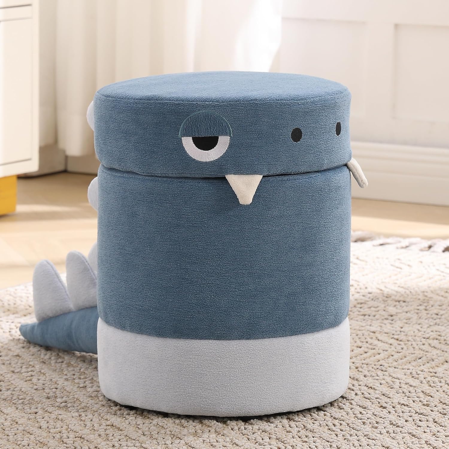 Dinosaur Toddler Chair with Storage, Comfy Chenille Kids Reading Chair, Plush Children Stool, No Assembly Kids Desk Chair for Girls Boys Gifts, Cute Storage Ottoman for Drawing/Dining, Blue