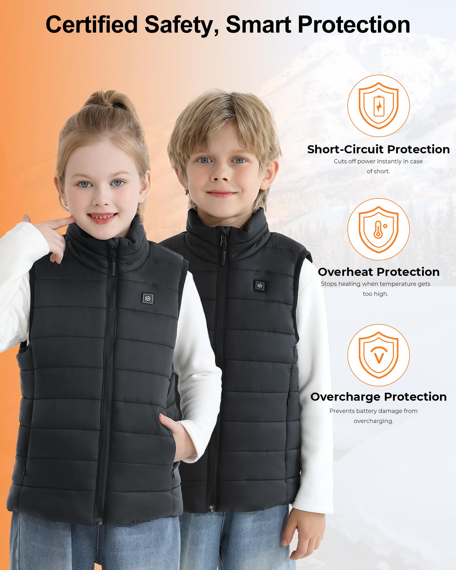 Unisex Heizweste Kinder mit Powerbank 12000mAh 7,4V, Leichte Beheizbare Weste Kinder mit 5 Heizzone, Elektrisch Heizweste Jungen und Mädchen für Outdoor