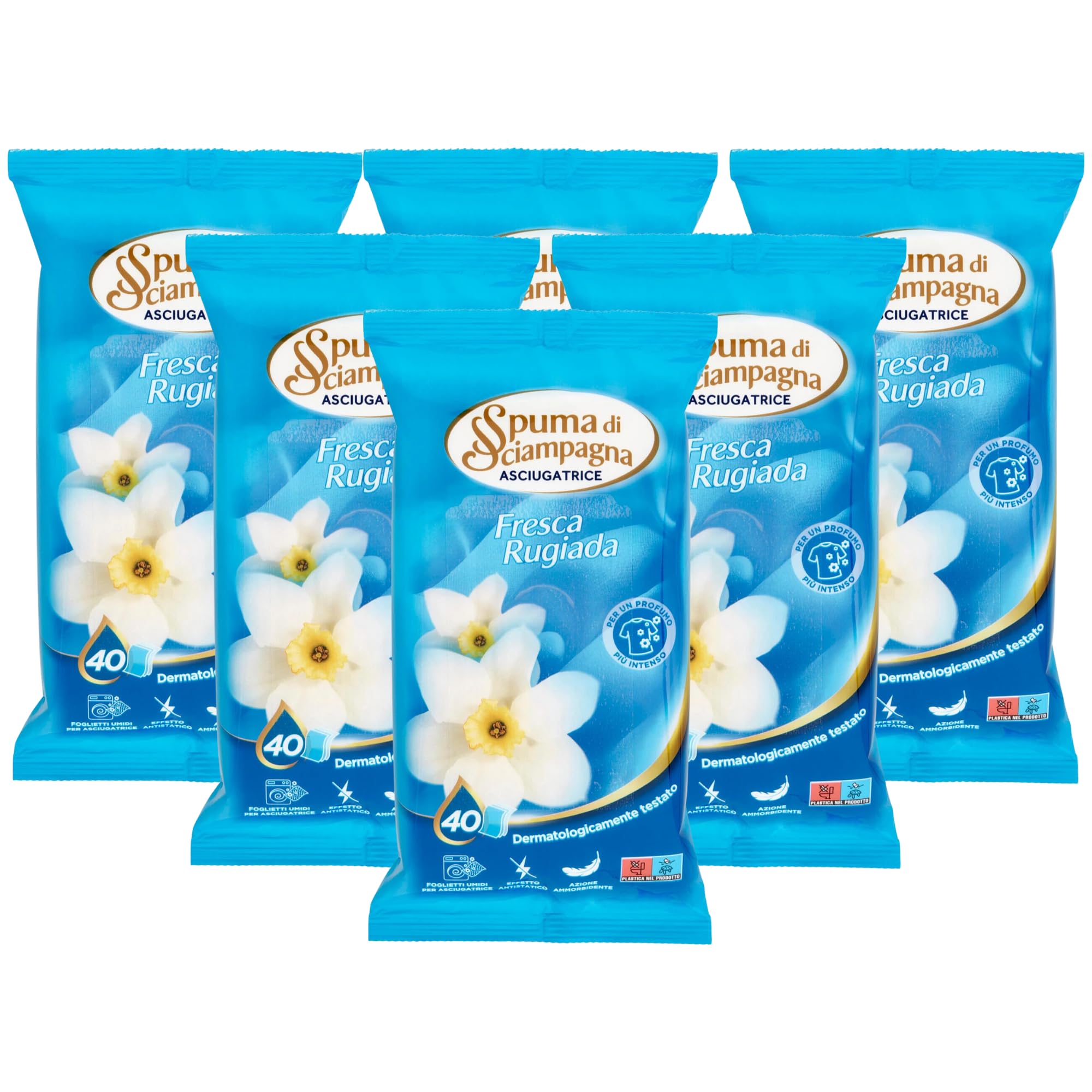 Foglietti Umidi Per Asciugatrice, Profumazione FRESCA RUGIADA Per Un Profumo Più Intenso. Azione Ammorbidente (Confezione Da 40 Foglietti) (6 Confezioni)