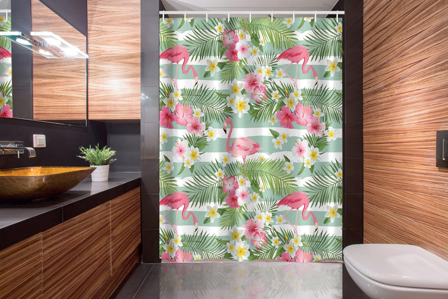 Ambesonne Flamingo Stall Shower Curtain, Flamingos with Exotic Hawaiian Leaves Flowers on Striped Vintage Background, Fabric Bathroom Decor Set with Hooks, 54" W x 78" L, Green Pink White