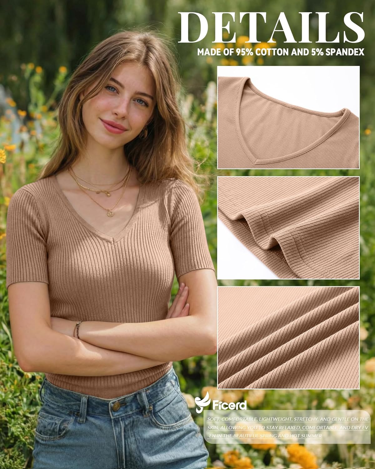 Ficerd 3 Pack Women's Short Sleeve Cotton T-Shirts V Neck Ribbed Slim Fit Tops Ladies' Casual Summer Basic Tee - Image 6