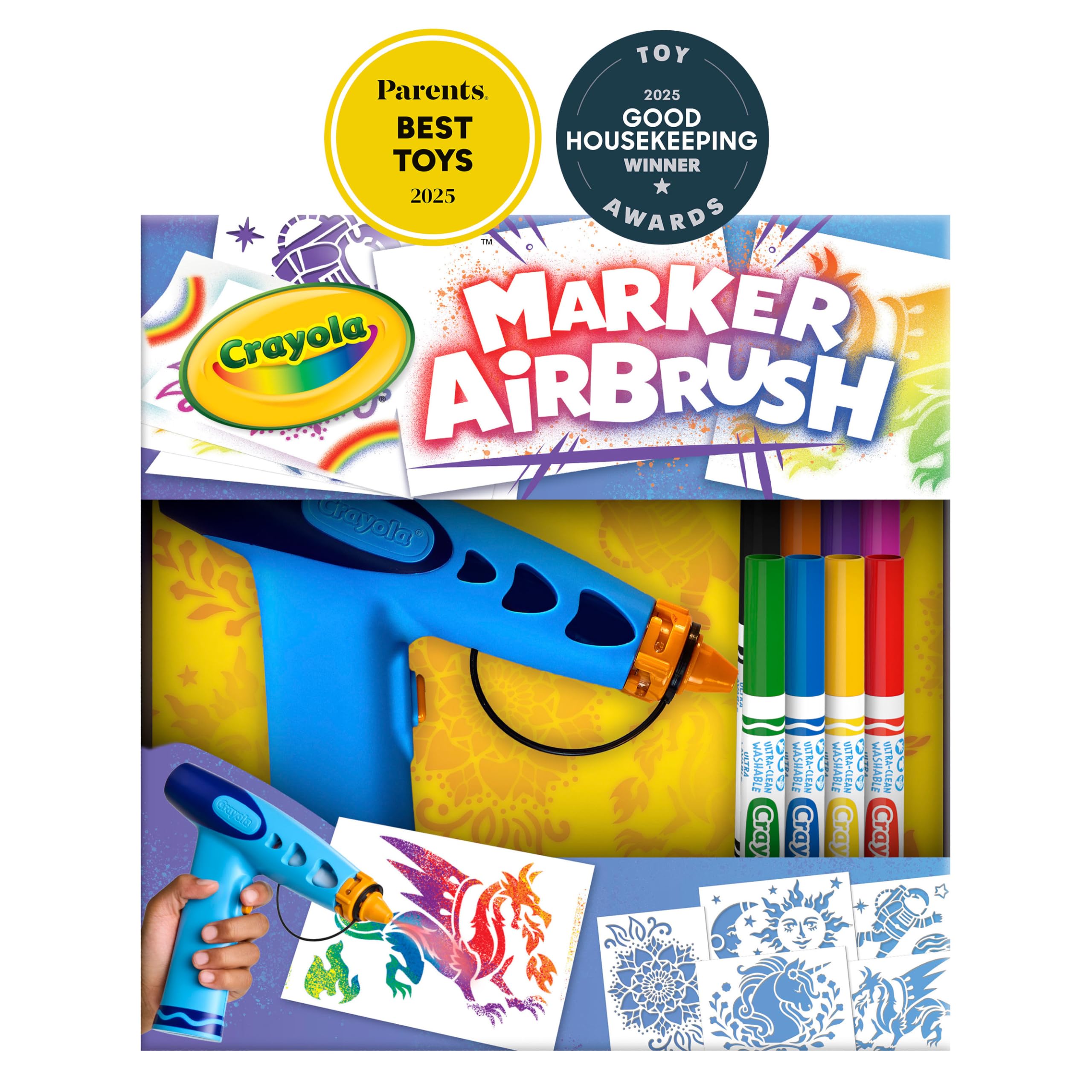 Crayola Marker Airbrush Spray Art Kit, Battery-Powered Sprayer with 8 Washable Markers & 5 Stencils, Holiday for Kids, DIY Craft Set, Ages 6+