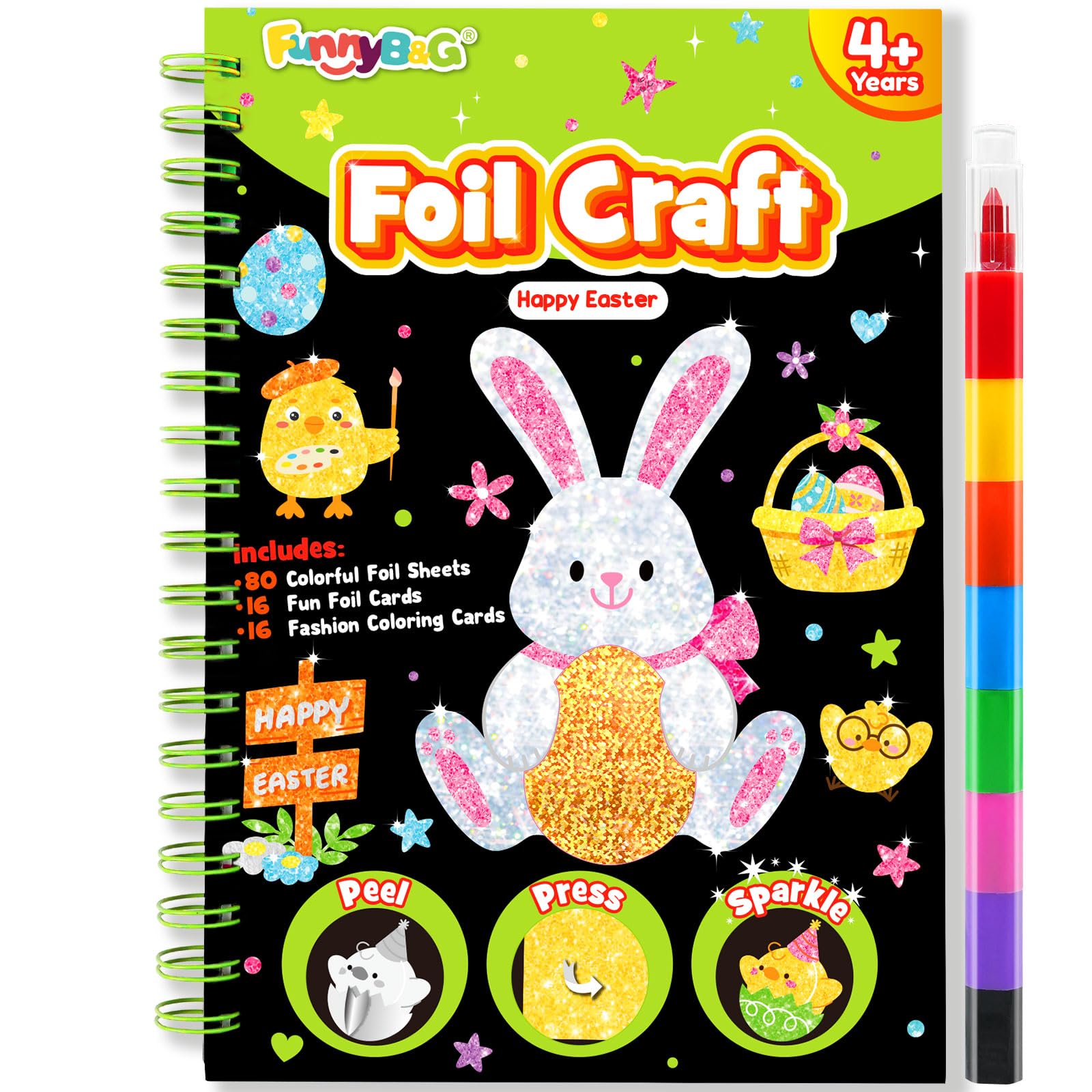 Foil Art Craft Activity for Kids: Fun DIY Toy Sticker Kit, No Mess Creative Travel Supply Set, Idea Birthday Easter Basket Stuffers Valentines Gift for Girl Boy Toddler 4 5 6 7 8 9 Year Old (Easter)