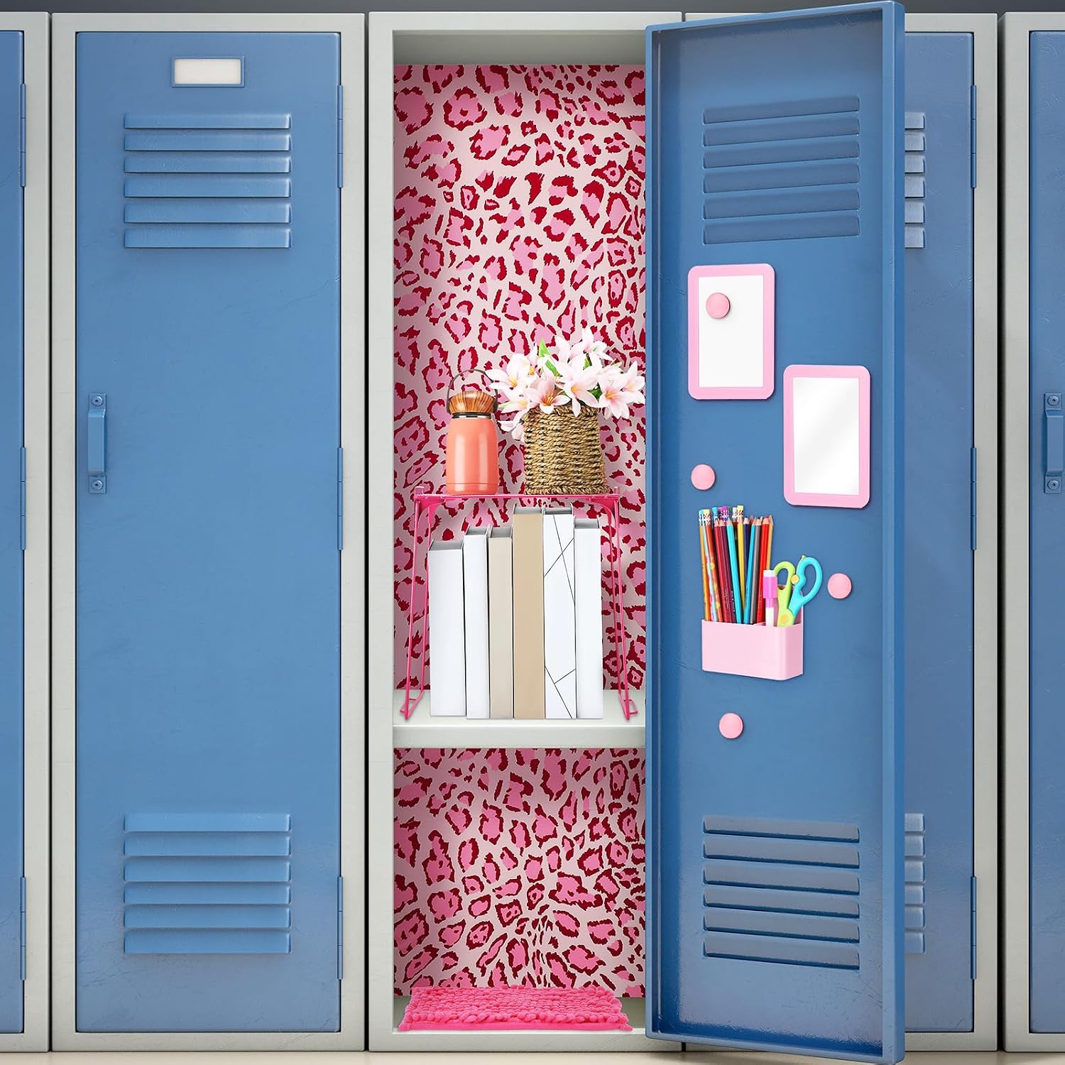 Pinkunn 16 Pieces Locker Organizer Accessories Kit Wallpaper Magnetic Whiteboard Magnets Mirror Dry Eraser Marker Rug Magnetic Storage Organizing Shelf for Back to School Party Essentials (Rose Red)
