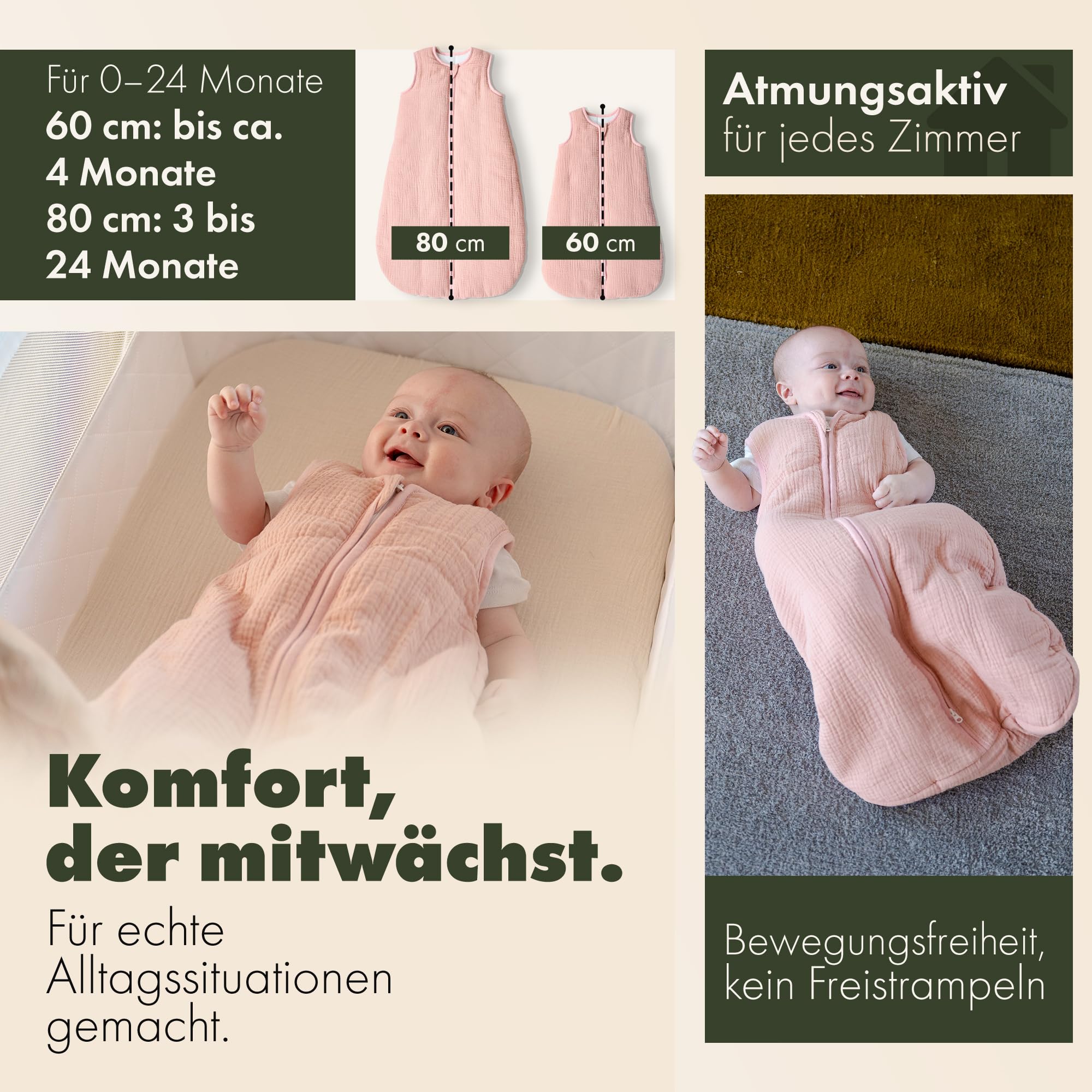 KUNU Sacco nanna per neonato, 2 Tog, 80 cm, morbido mussola biologica, a partire da 3 a 24 mesi, delicato sulla pelle, per tutto l'anno, facile da pulire