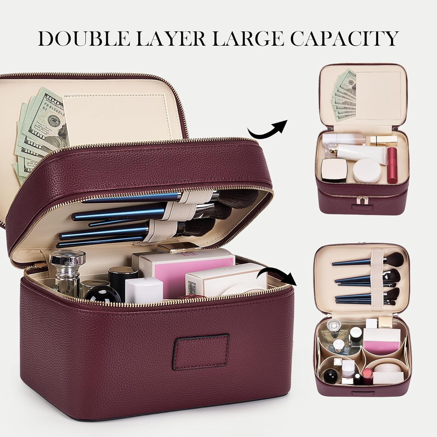 Starnearby Trousse de Maquillage Double Couche Grande Capacité en Cuir Femme, Trousse de Toilette Voyage avec Compartiments Amovibles, Vanity Maquillage Femme, Trousse Cosmétique Portable (Bordeaux)