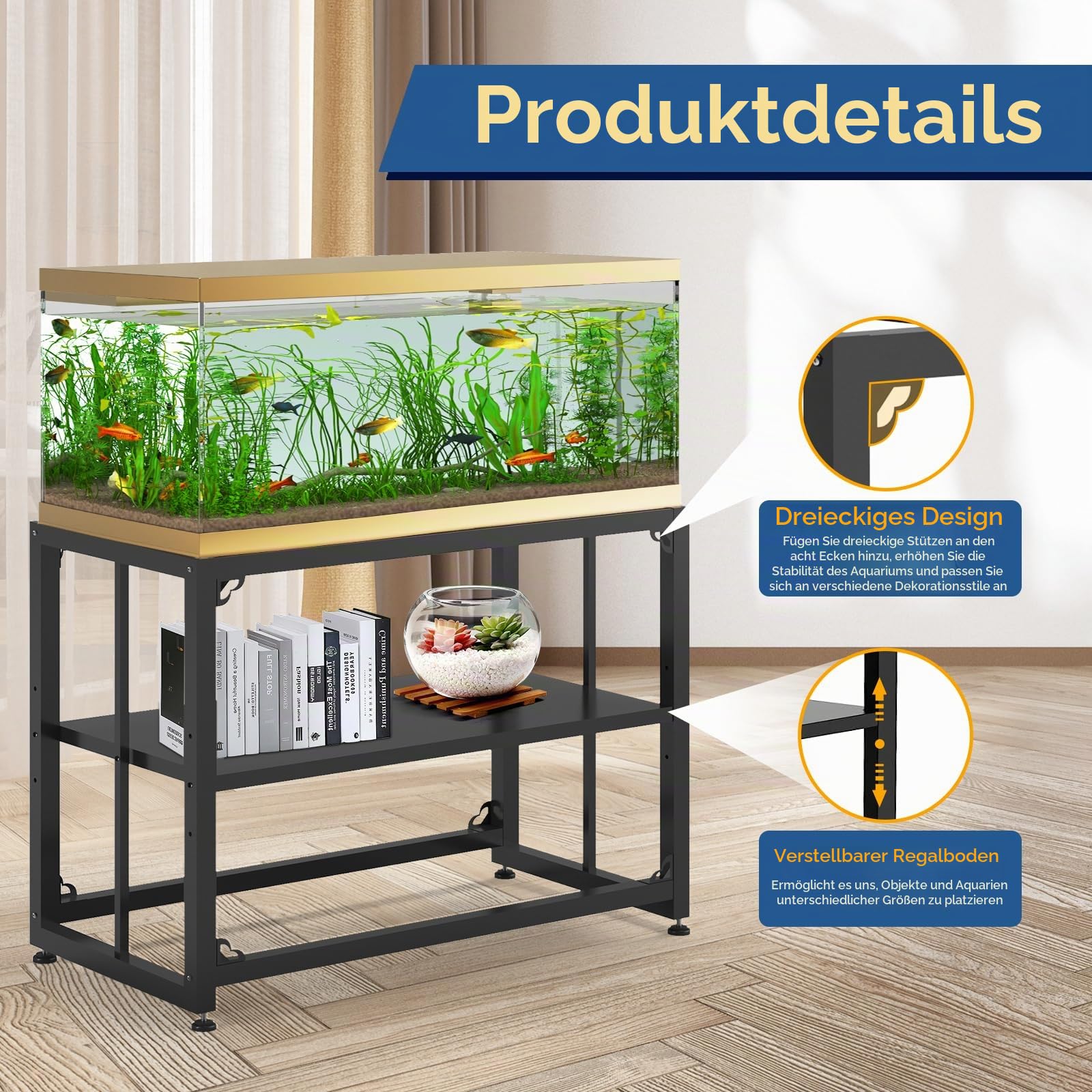 Tocretoare Aquariumständer aus Metall, 92,7 cm L x 47 cm B x 74 cm H, doppellagiges Aufbewahrungsdesign, geeignet für Zuhause und Büro, 299 kg Kapazität, schwarz (Tank nicht im Lieferumfang enthalten)