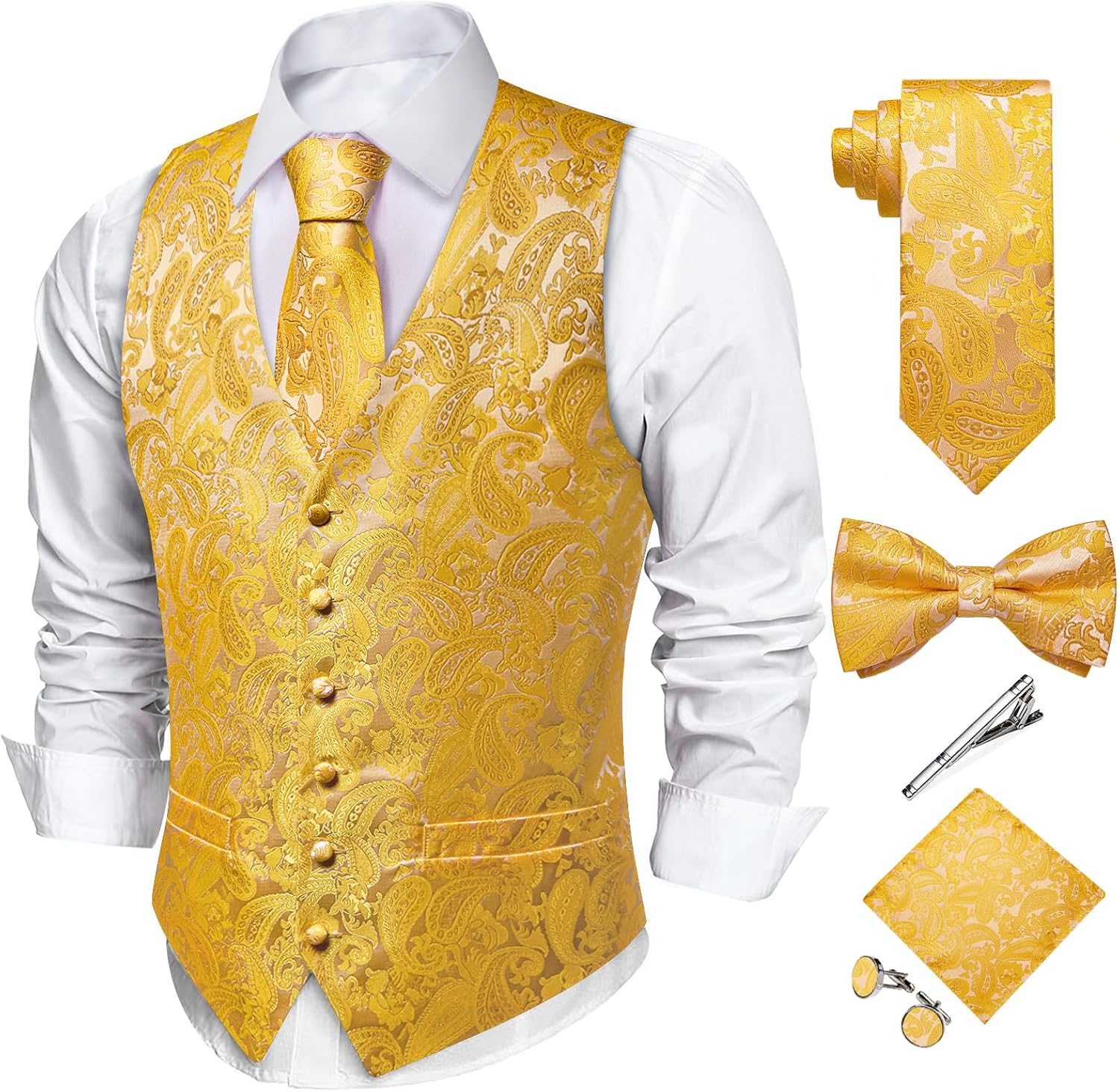 DiBanGu Men's Silk Paisley Vest and Necktie Set 6PCS Pre-tied Bow Tie Formal Waistcoat for Wedding Party