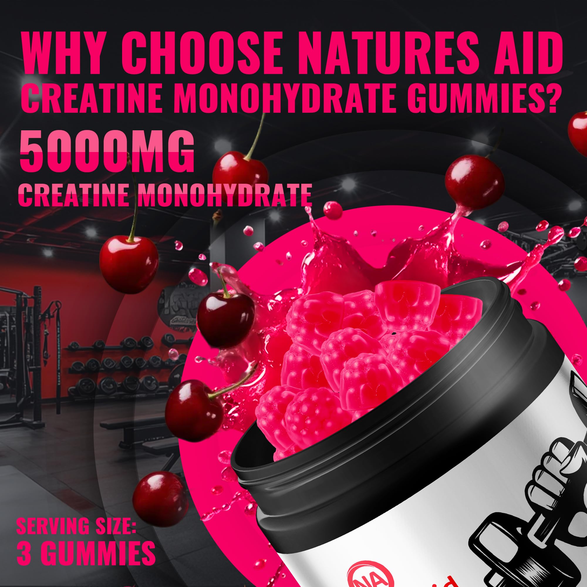 Natures Aid Creatine Monohydrate Gummies – Pre-Workout Energy & Muscle Growth Support for Men & Women | Cherry Electrolyte Gummies (135 Count) — Amazon image 5