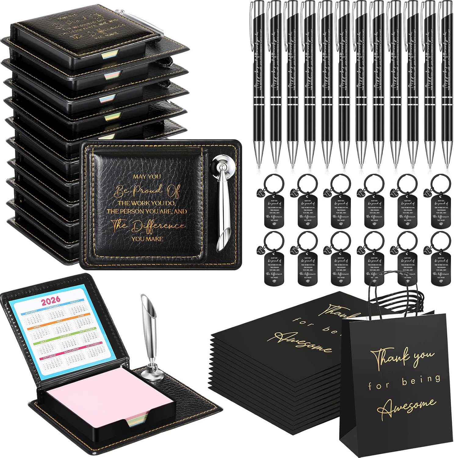 Resurhang 12 Set Employee Appreciation Gifts Bulk Inspirational Gifts Team Gift Bag PU Leather Notepad Holder with Pen Holder Team Keychain Ballpoint Pen Bulk Gifts for Colleagues Employees(Proud)