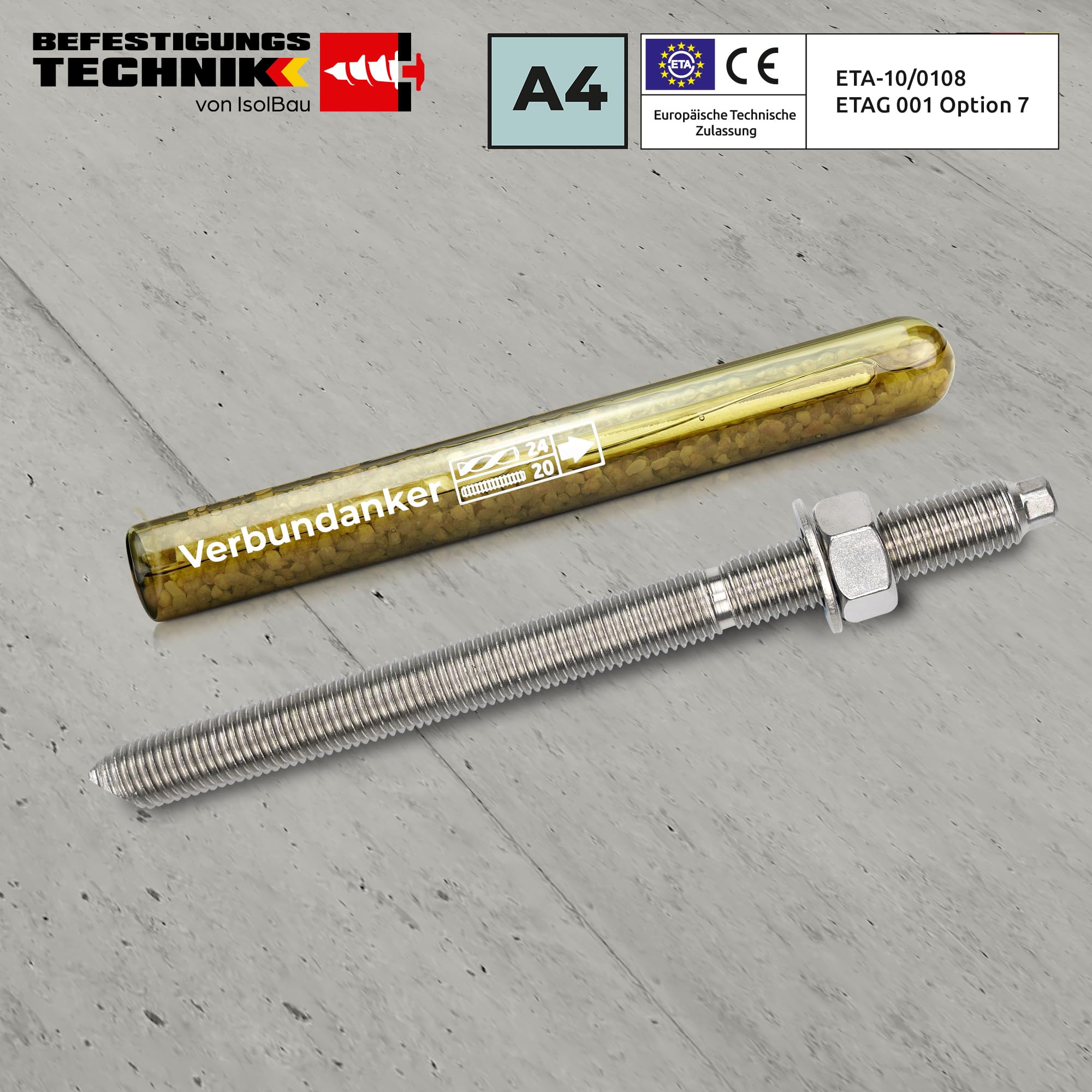 Isolbau Verbundanker Set - Verbundankerpatrone styrolfrei V16 + Ankerstange aus A4 Stahl M16 x 190 - ETA Zulassung - 10 Stück