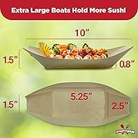 Vista 5 de Paquete de 25 botes de sushi biodegradables extra grandes de 10 pulgadas. Platos de aperitivo 100% desechables. Bandejas de alimentos de madera