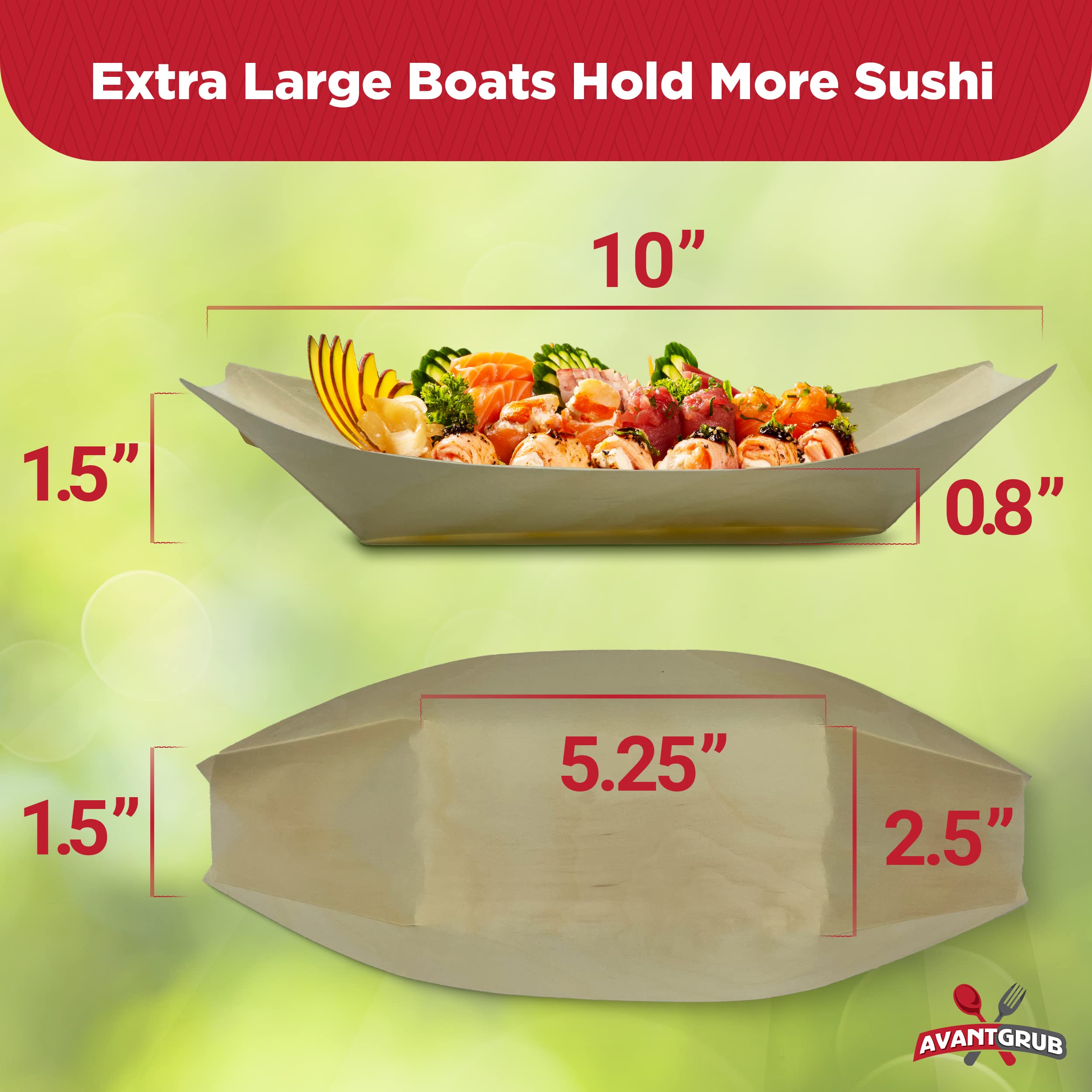 Paquete de 25 botes de sushi biodegradables extra grandes de 10 pulgadas. Platos de aperitivo 100% desechables. Bandejas de alimentos de madera natural compostables. Plato resistente para servir 5