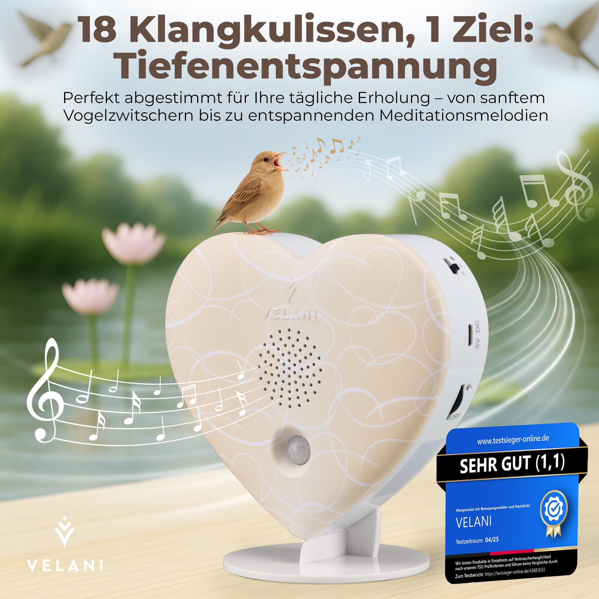 Zwitscher Naturgeräusche Box mit Bewegungsmelder - 18 brillante Klänge, Timer 2–120 Min. für Entspannung im Gäste WC, Vogelgezwitscher Box – VELANI Prestige (Pastell-Cremeweiß, Herz)