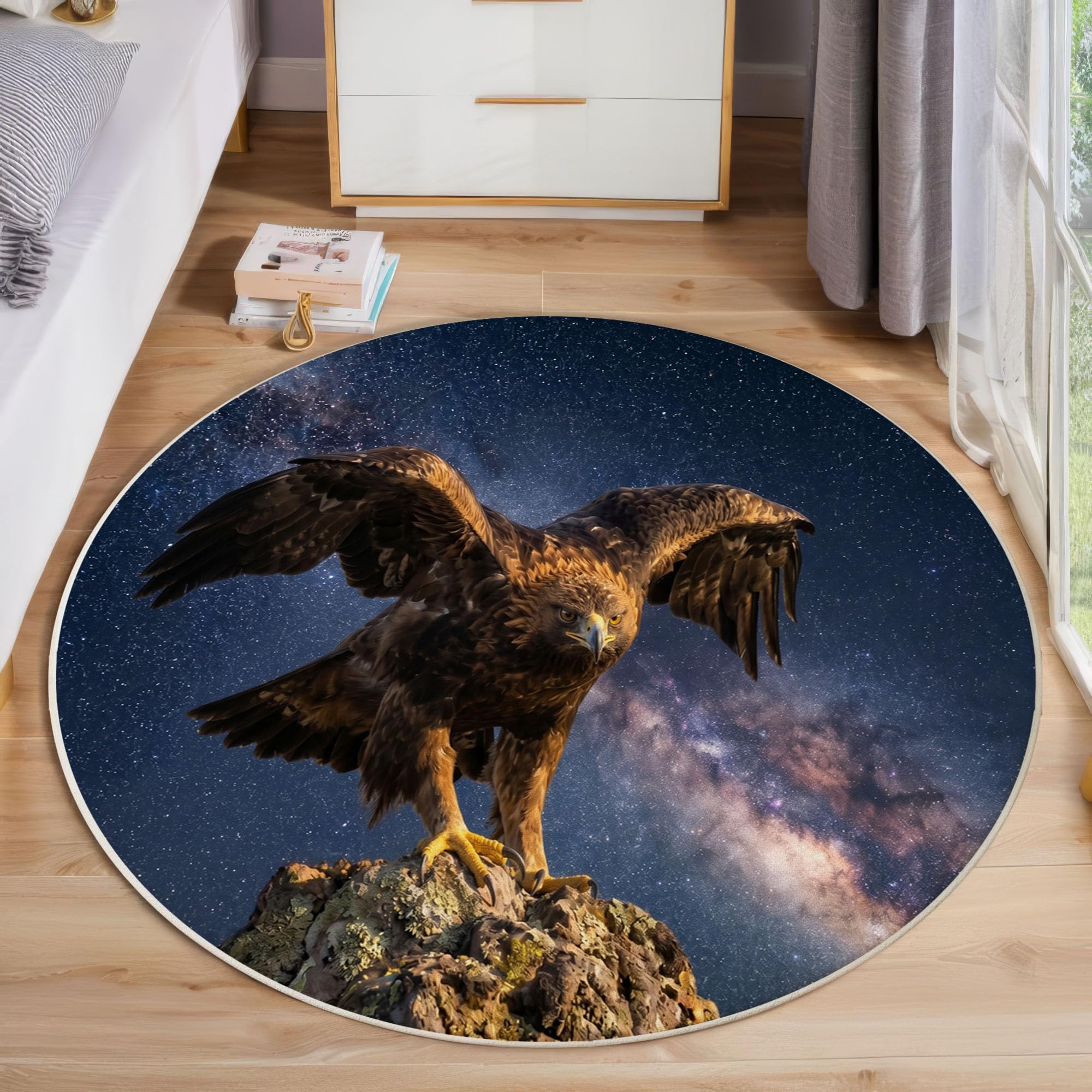 Tapis Rond Aigle Ciel Étoilé 100cm | Créature Fantastique Rond Tapis Doux Résistant, Lavable Antidérapant pour Chambre à Coucher Salle à Manger