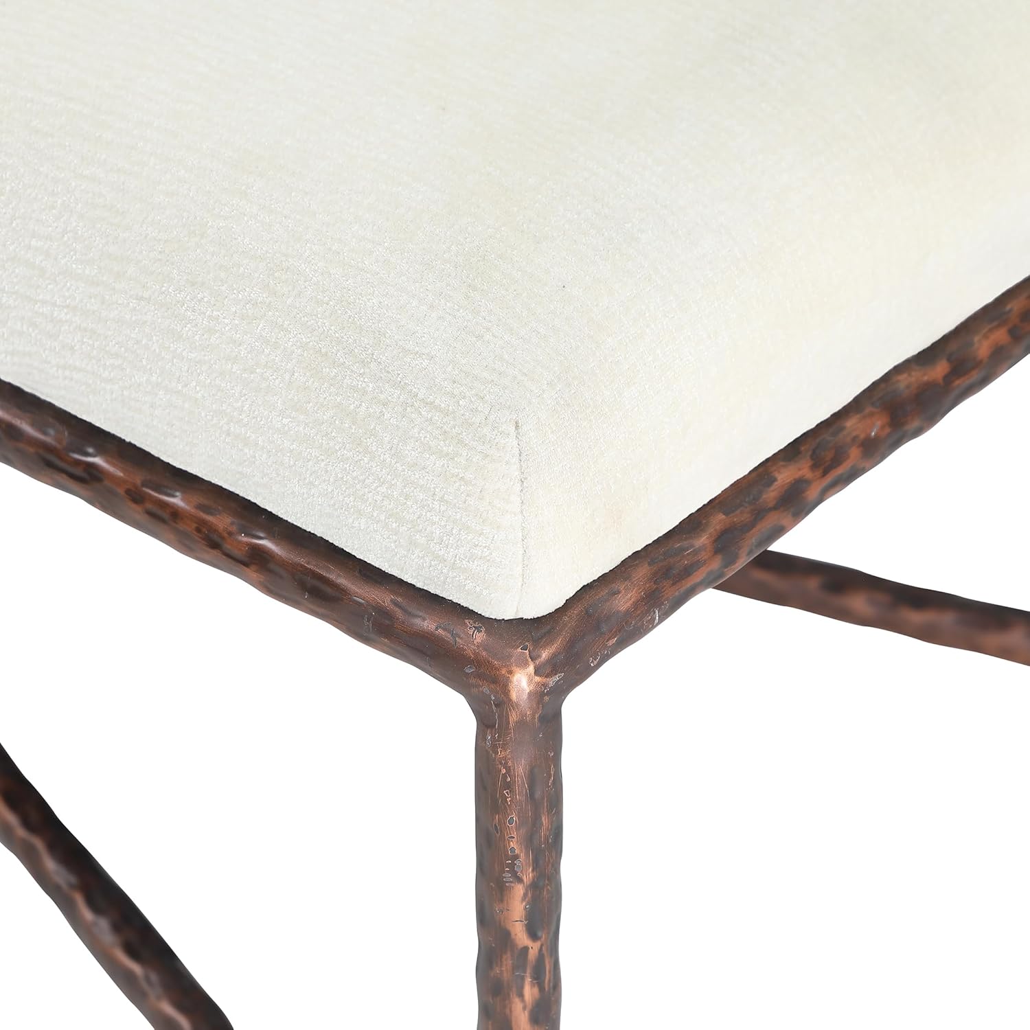Meridian Furniture 22063Cream Valley Collection Modern | Contemporary Bench with Soft Cream Chenille Fabric, Brushed Bronze Forged Iron Metal Legs and Frame, 25" W x 18" D x 18" H, Cream