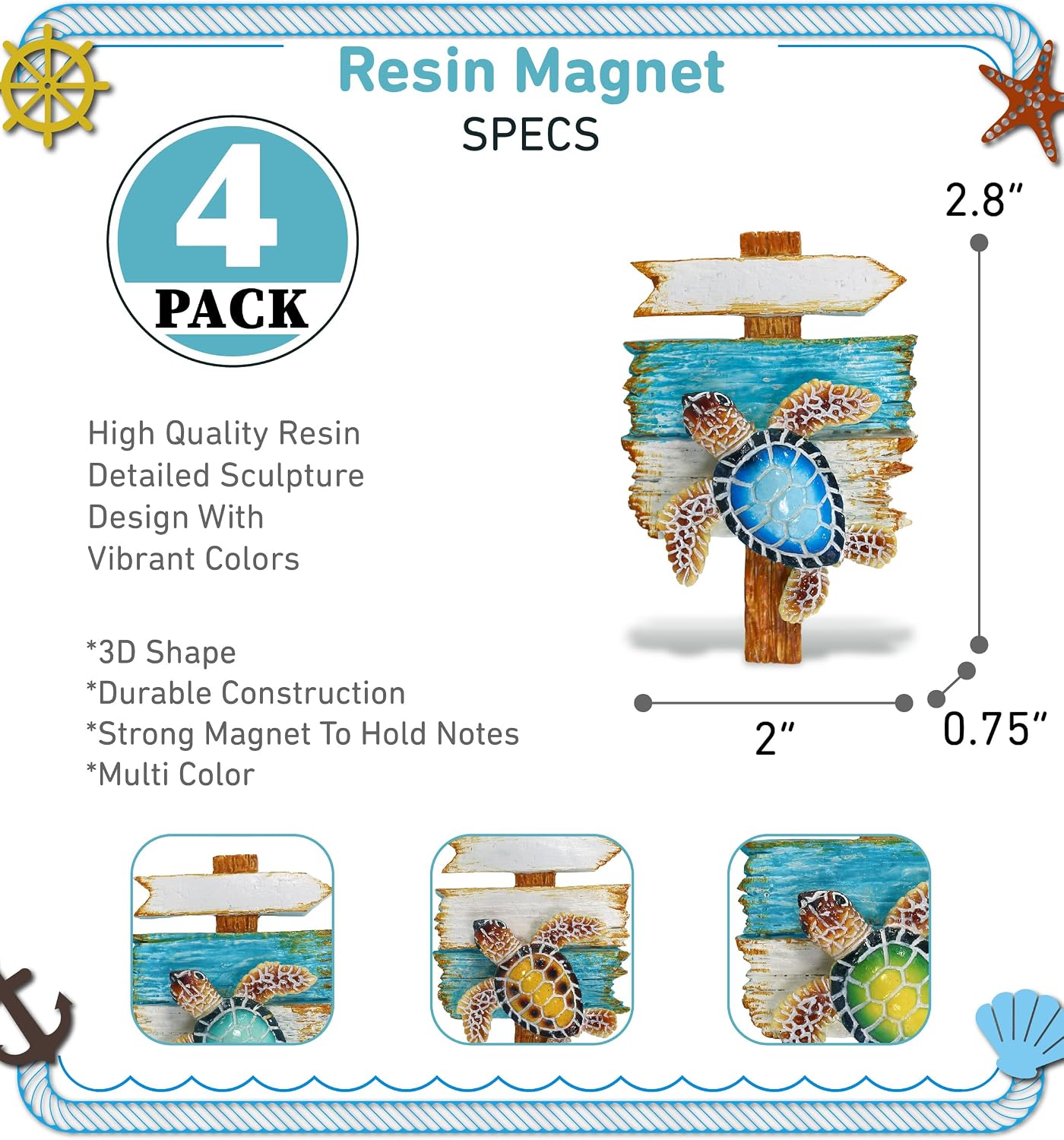 CoTa Global Wooden Sign Sea Turtle Refrigerator Nautical Magnets Set of 4 - Resin Beach Design Magnet, Fun and Cute Ocean Magnets for Kitchen Fridge, Locker, Home Decor, Office Decor Novelty - 4 Pack