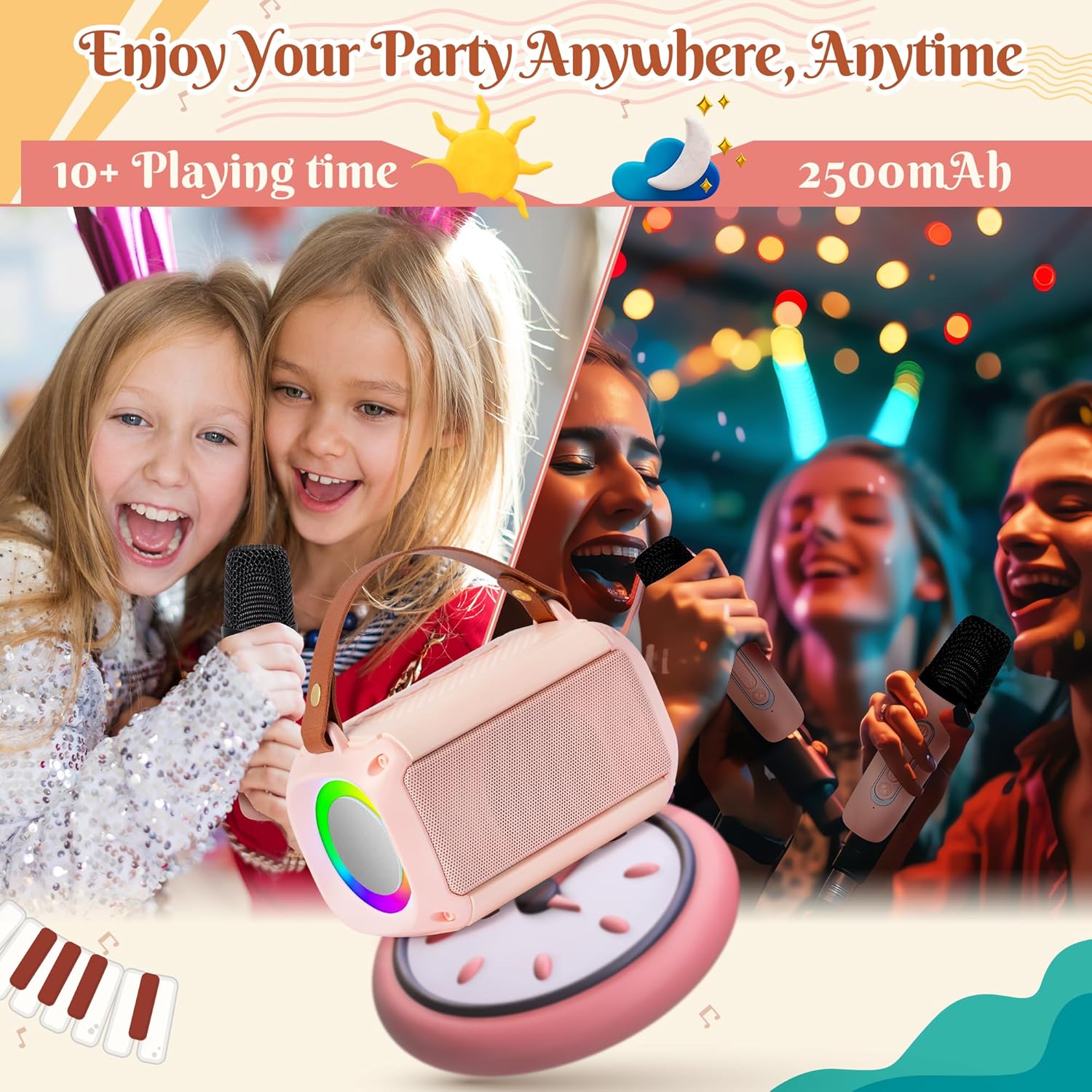 MALLMALL6 Mini Karaoke Machine with 2 Wireless Microphone for Kids Portable Bluetooth 5.3 Karaoke Mic LED Color Lights Speaker Christmas Birthday Family Home Party Toys Gift for Boys Girls Pink - Image 6