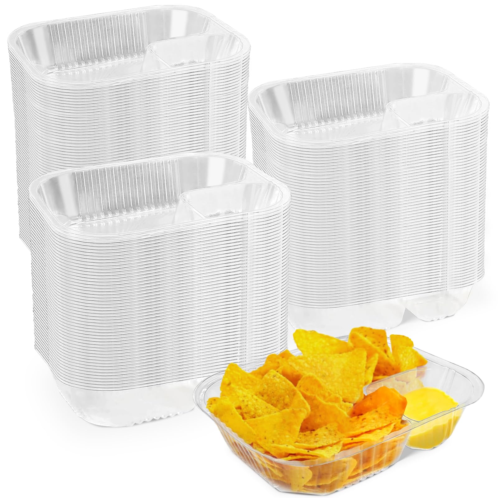 200 Pack 22 Oz Plastic Nacho Trays, 6 x 8 Inch 2 Compartments Nacho Containers, Disposable Nacho Cheese Trays for Movie Night, Carnival, Party Supplies
