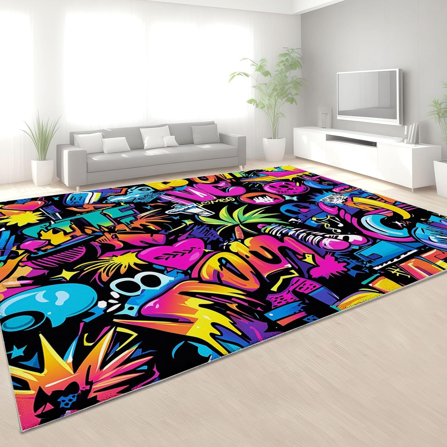 Cartoon Characters Area Rug 3 x 5 ft, Washable Graffiti Rugs - Non-Slip Soft Carpet Stain Resistant High Traffic Carpet for Bedroom Living Room Kitchen Entryway Porch