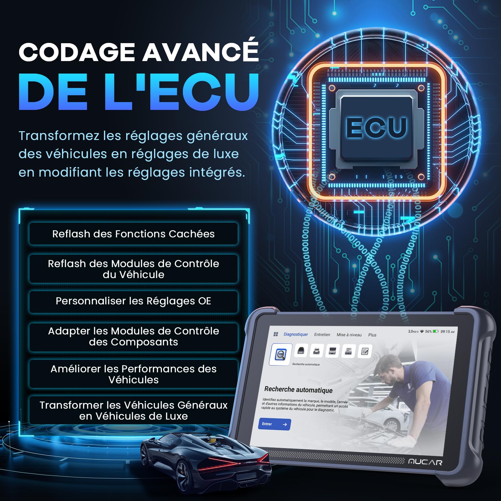 mucar 892BT AI Valise Diagnostic Auto,Bidirectionnel obd2 Diagnostic Français,Codage ECU,34+ Réinitialisations,Diagnostic de Tous Les systèmes, Guide V.A.G, FCA AutoAuth, CANFD&DOIP, Gratuit à Vie