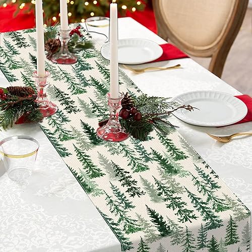 Miniatura 6 de Camino de mesa navideño de invierno de 13 x 72 pulgadas, decoración de mesa de árboles de pino verde para temporada de Navidad, vacaciones, casa de