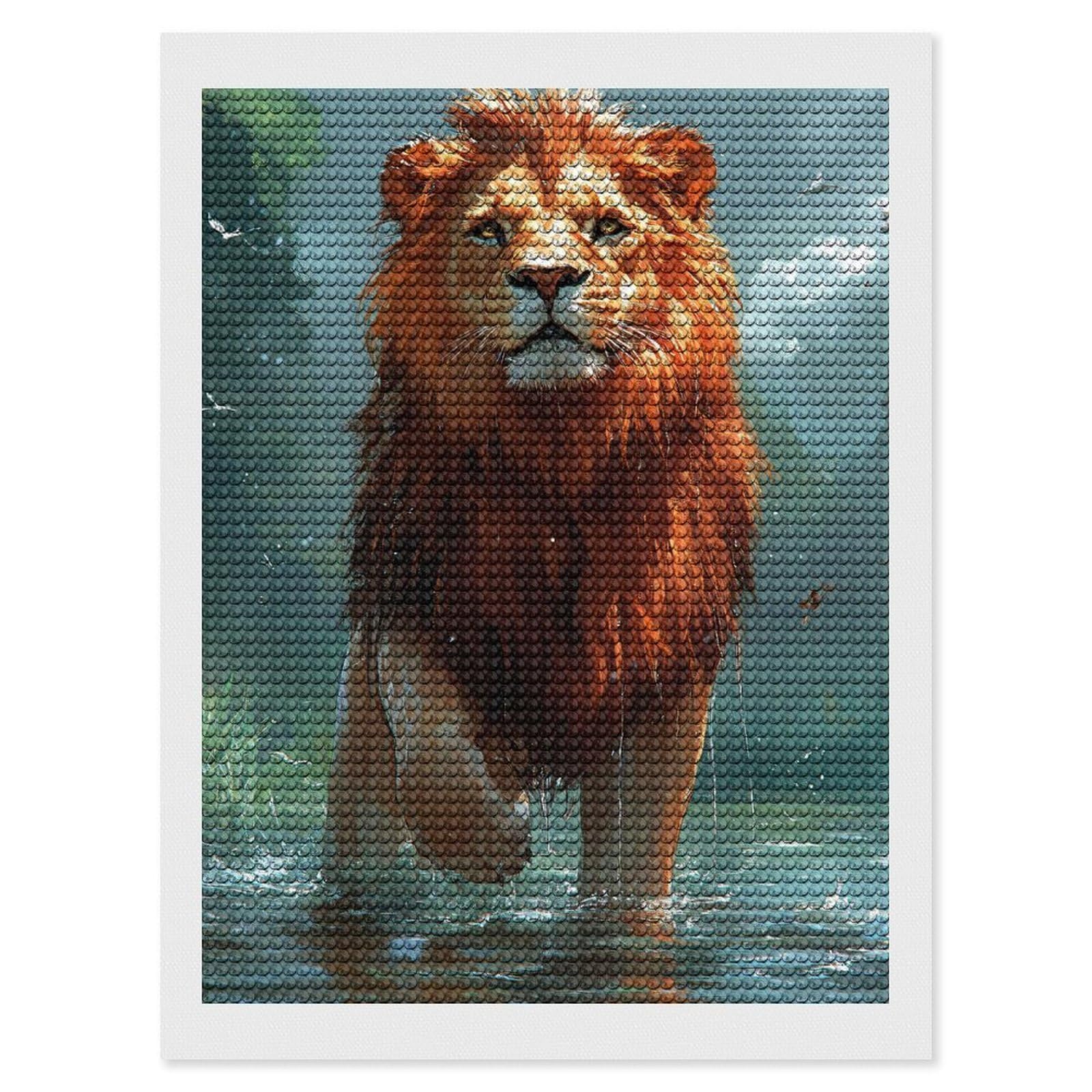 Junmoney Majestic Lion in Water Diamond Art Kit 12"x16", for Beginners, Vintage Style Decor, Good for Quiet Evenings, Festive Craft Gift