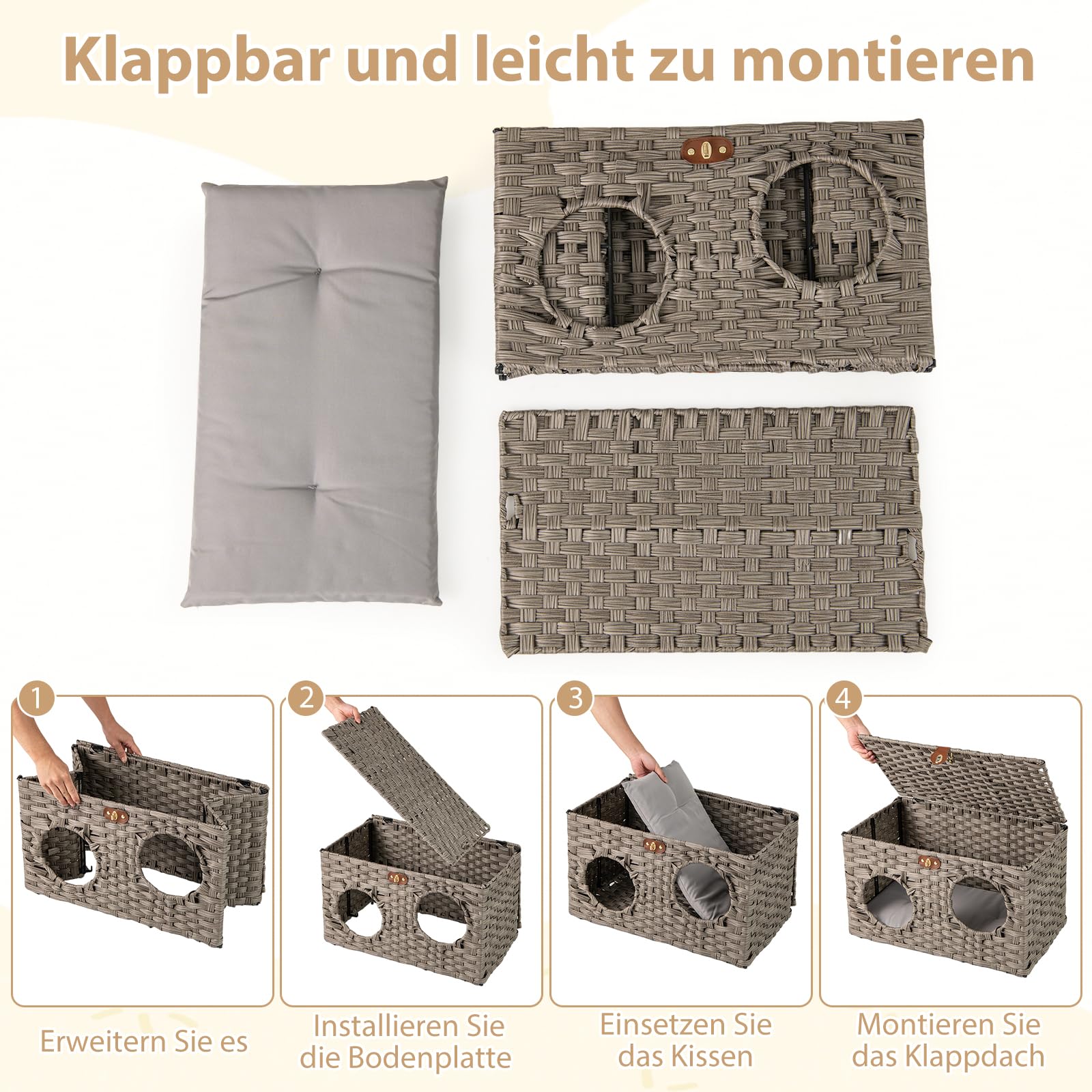 COSTWAY Katzenhaus aus PE-Rattan, Klappbar, Katzenbett mit abnehmbaren Kissen & abschließbarer Deckel, Katzenschrank für kleine mittlere Katzen, Indoor Katzenmöbel, 60 x 35 x 35 cm