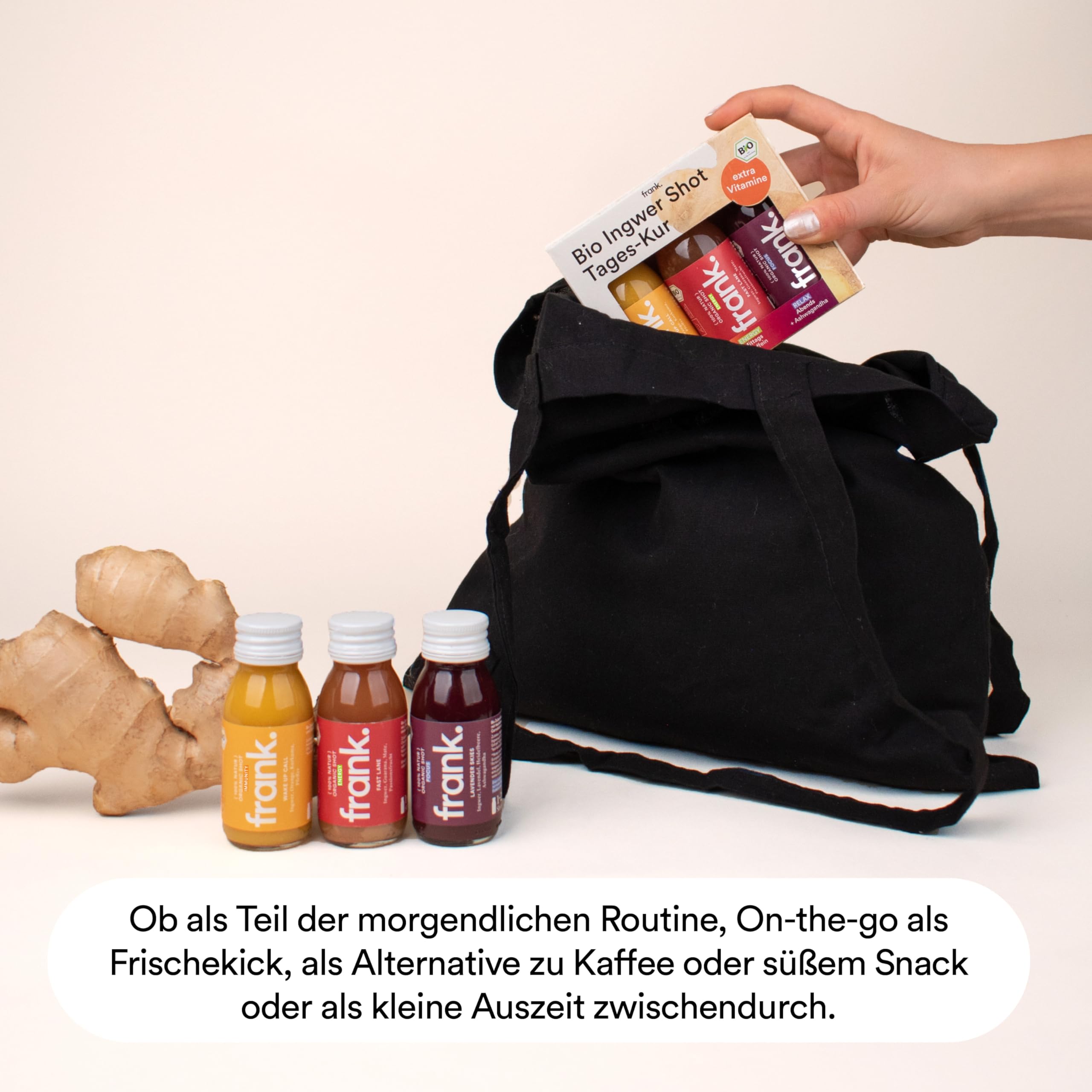 FRANK SHOTKUR - 56 x 60ml - 3 Wochen, Bio Ingwer-Shots mit verschiedenen Ingwer-Gehalten, innovative Mischungen, Vegan, Nachhaltig im Glas, Ohne Konservierungsstoffe