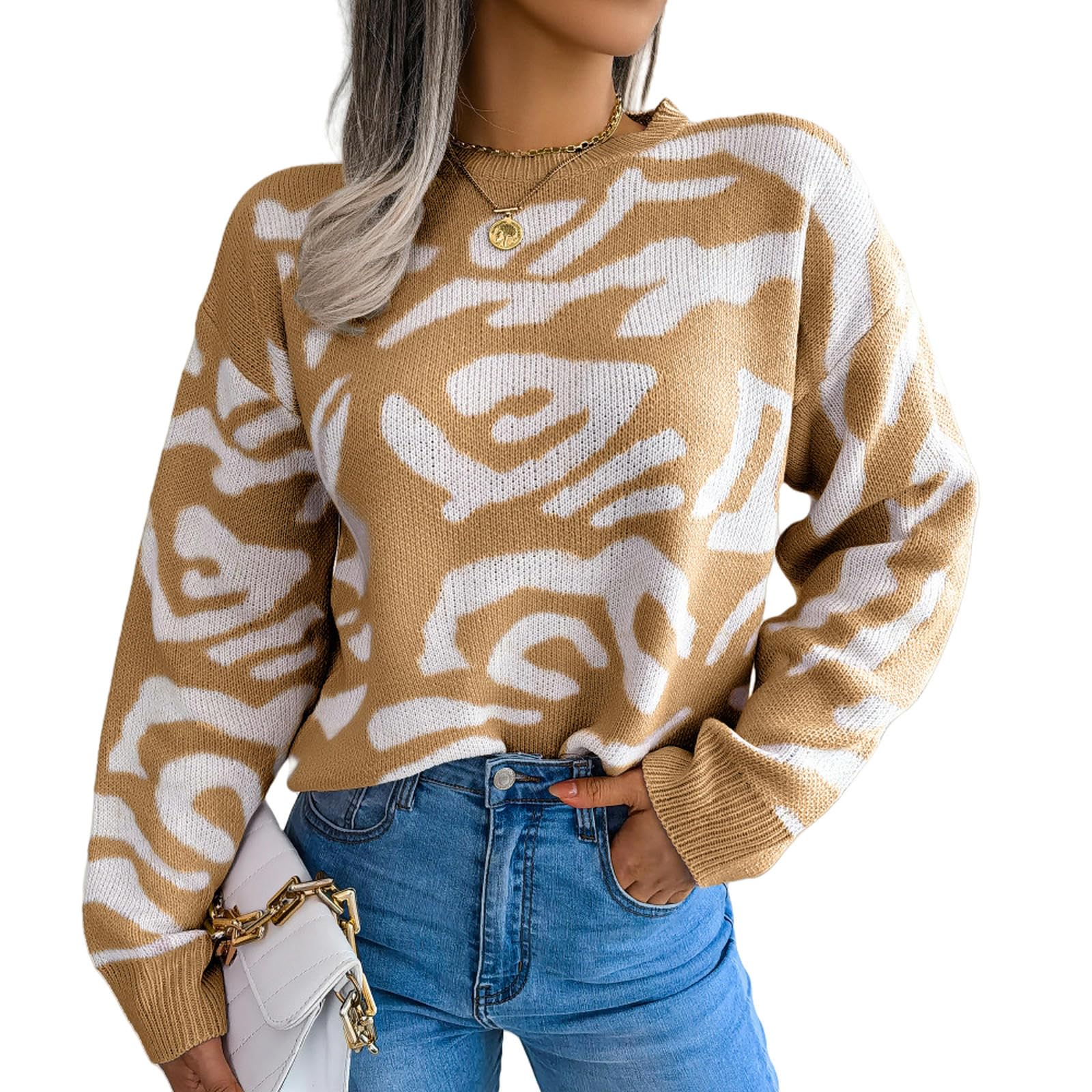 Maglione Donna Stiter A Maniche Lunghe con Cucitura Rotonda Stampato d'Autunno da Donna XL-Cachi-s