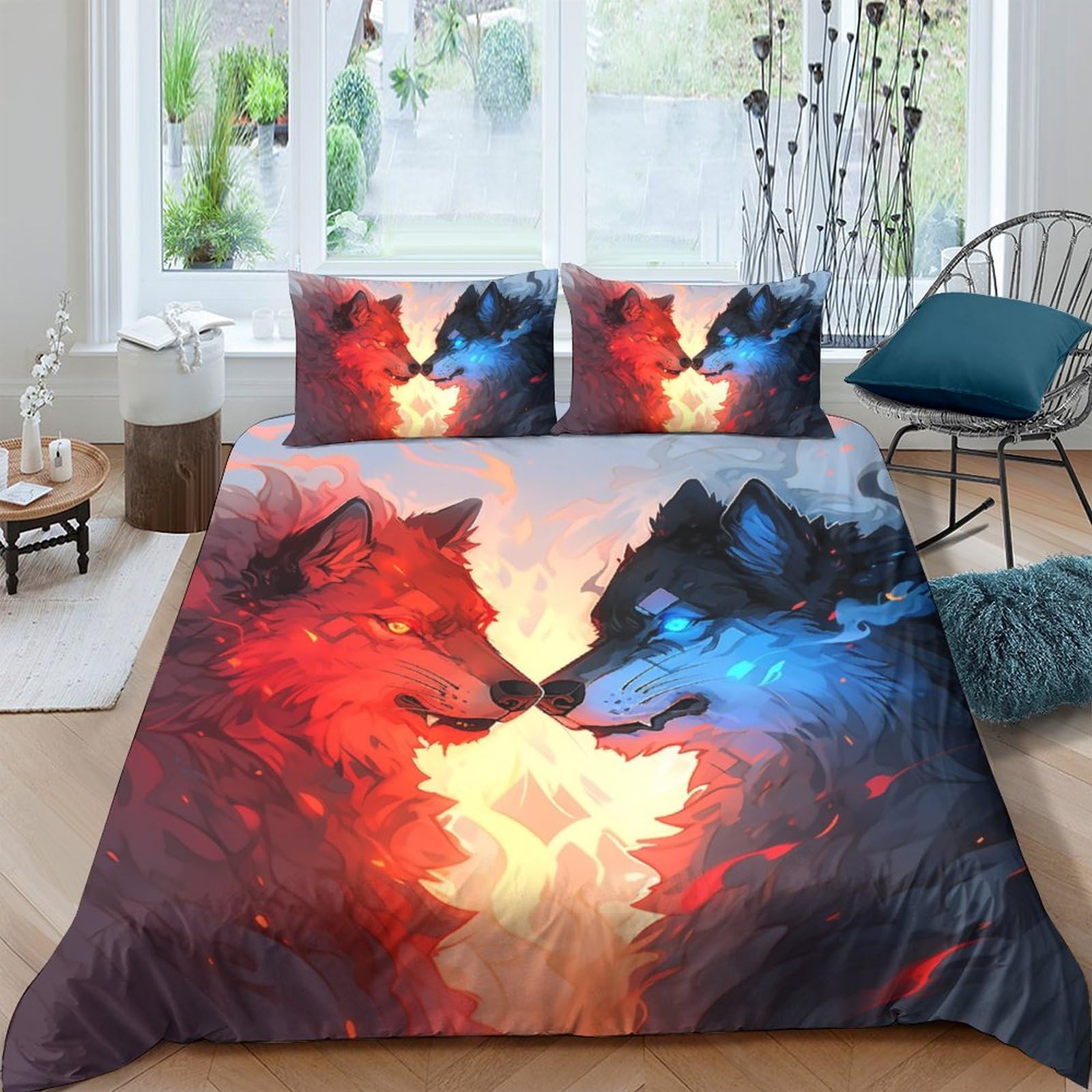 HOTGE Wolf Head Duvet Cover 3D Ice And Fire Printed Bedding Set,Pillowcases,Hidden Zipper,Microfiber Quilt Cover,for Teens And Adults Bedroom Decor Double(200x200cm) — image 1