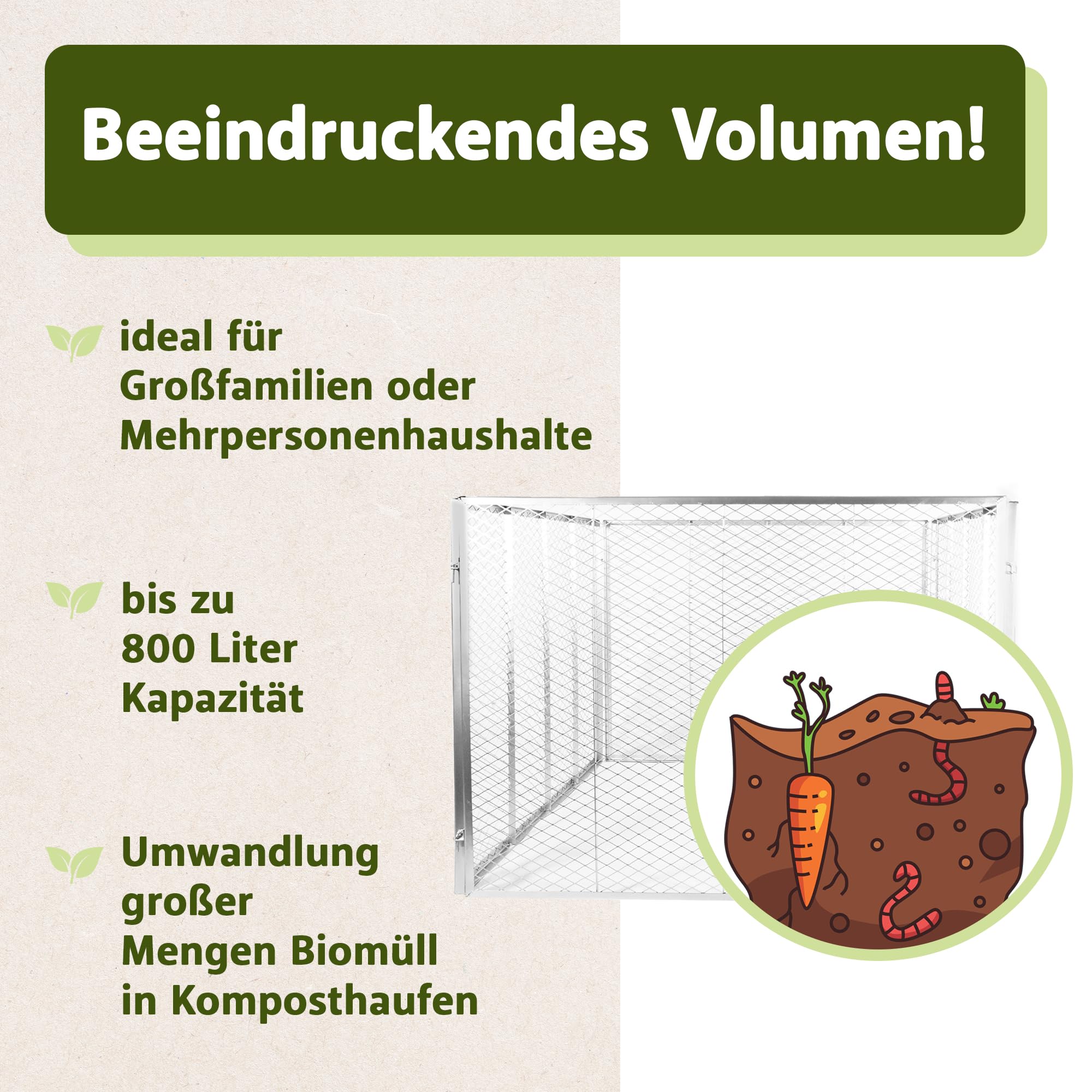 NATIV Garten Komposter 100x100x75 cm mit Bodengitter, Metallkomposter mit 750 Liter Volumen, Drahtkomposter für eigenen Kompost, Metall Komposter als Kompostsieb nutzbar, Kompostierer für Komposterde