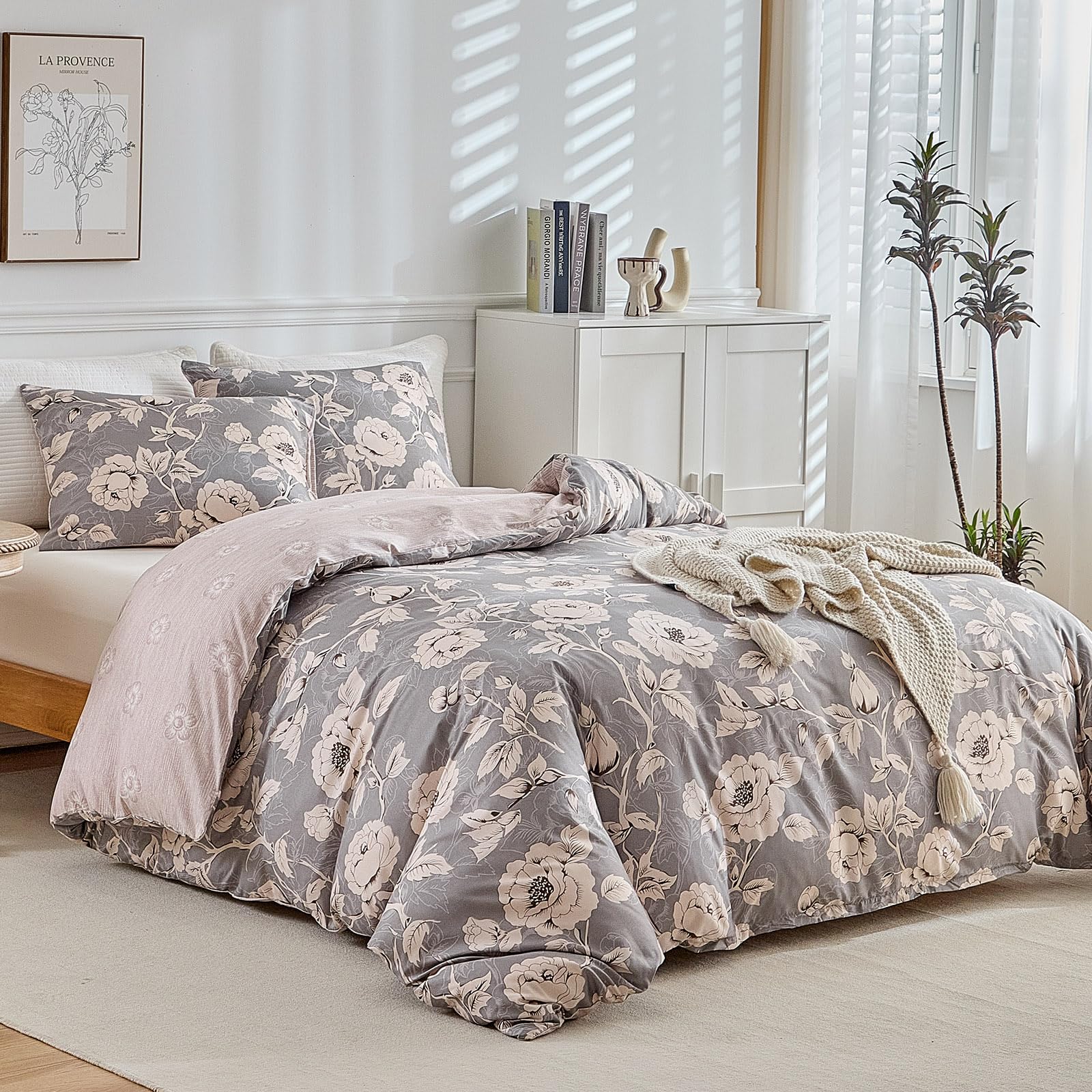 Tokokimo 4PCS Duvet Cover Sets King Size Bedding Sets, Botanical Branches Printed Grey Kingsize Duvet Cover Sets with Pillowcases and Extra Fitted Sheet, Soft Microfiber King Size Bedding Sets — view 36