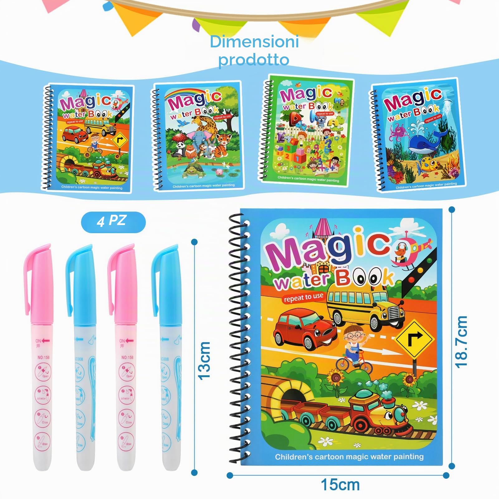 JoyPlus 4 Pezzi Libro di Pittura ad Acqua con 4 Penna Acqua, Libri da Colorare per Bambini, Riutilizzabili Libro Magico ad Acqua da Colorare, Pittura Giocattolo Regalo per Ragazzi Ragazze Bambini
