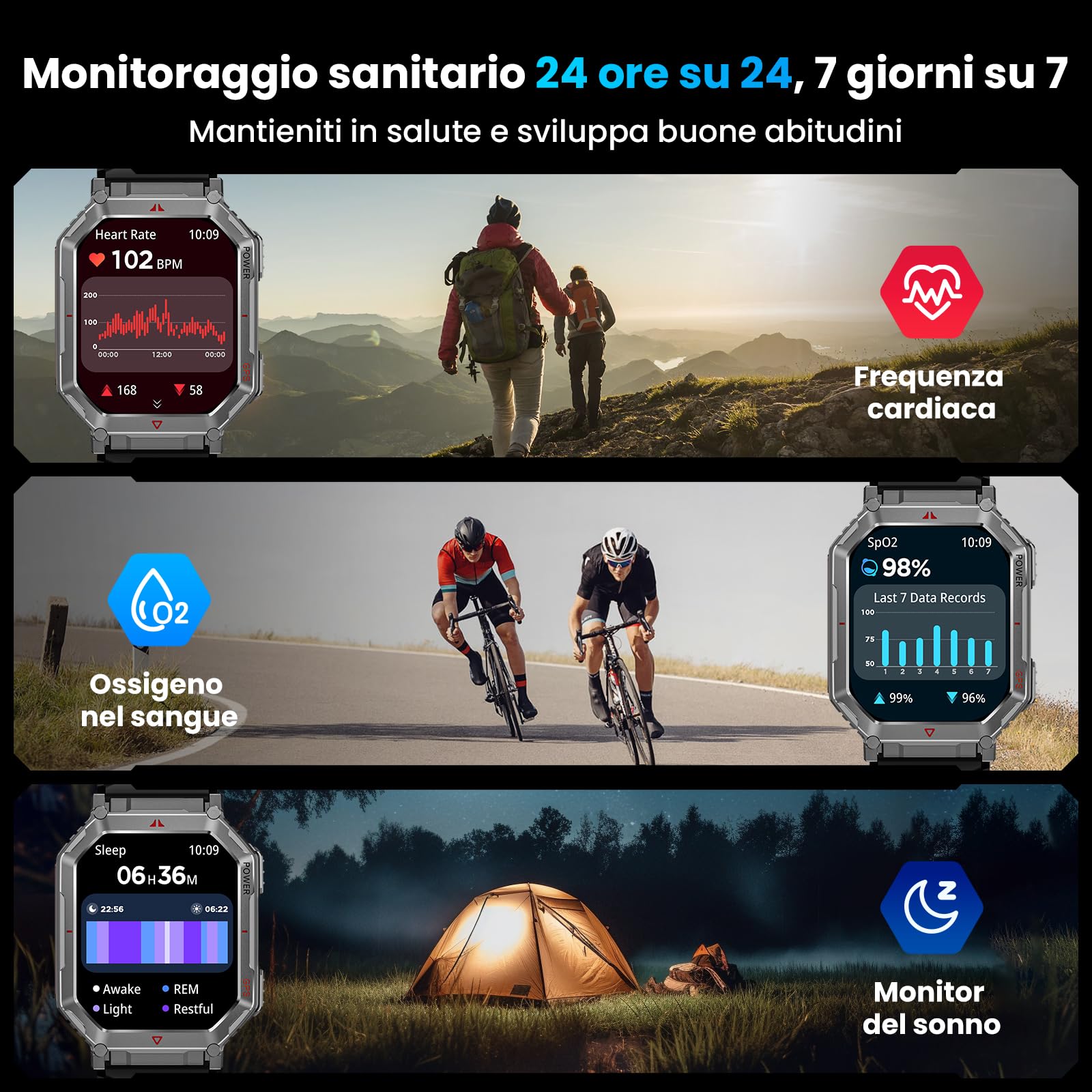Orologio intelligente militare per uomini con GPS/bussola, assistente vocale GPT, display HD 2.01", chiamate Bluetooth, tracker fitness con modalità, compatibile con Android e iOS (Nero)