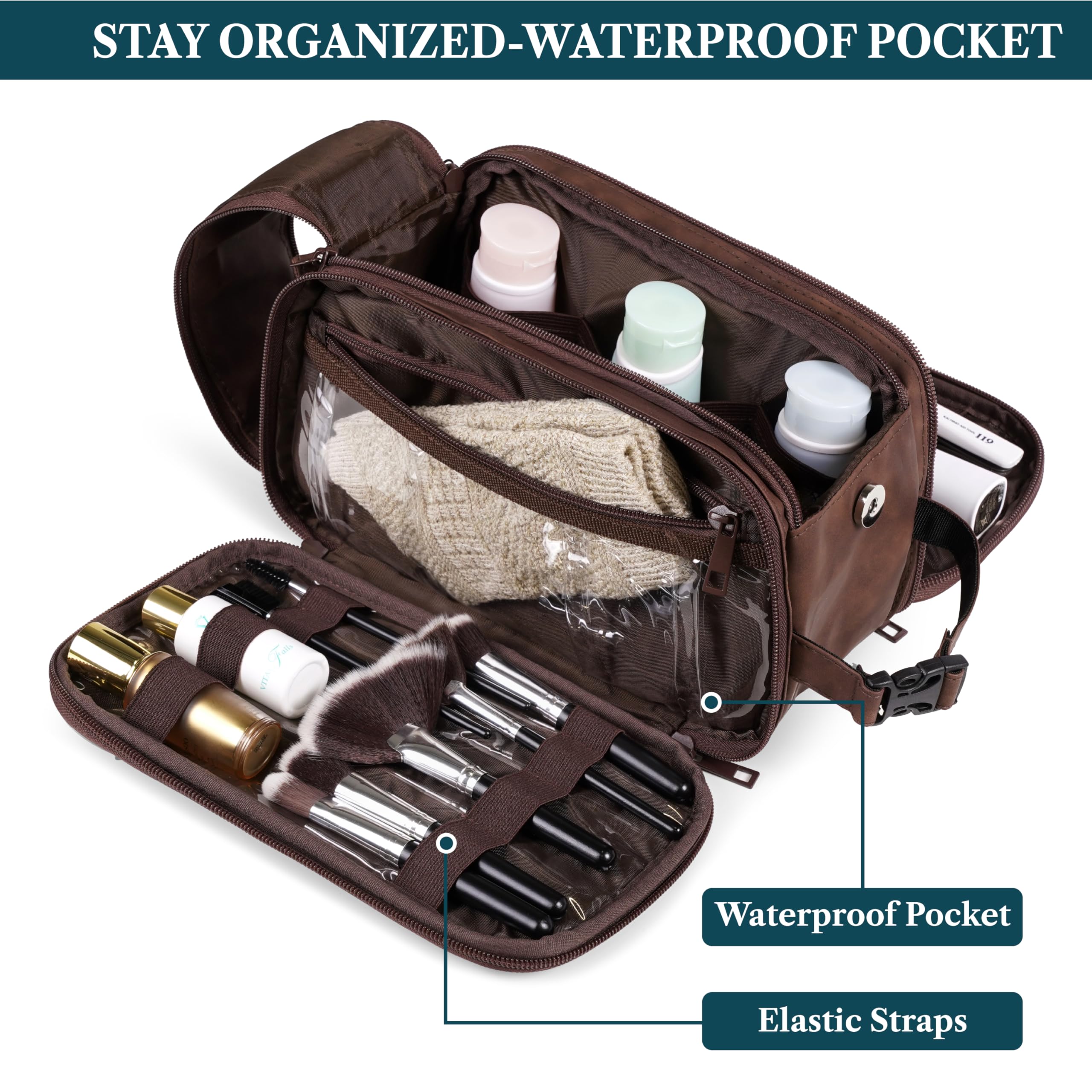 PAVILIA Borsa da bagno da uomo in pelle sintetica resistente all'acqua per rasatura, toelettatura, borsa da viaggio per trucco grande, Marrone scuro, Large (10.5x5.5x6), Astuccio da toilette