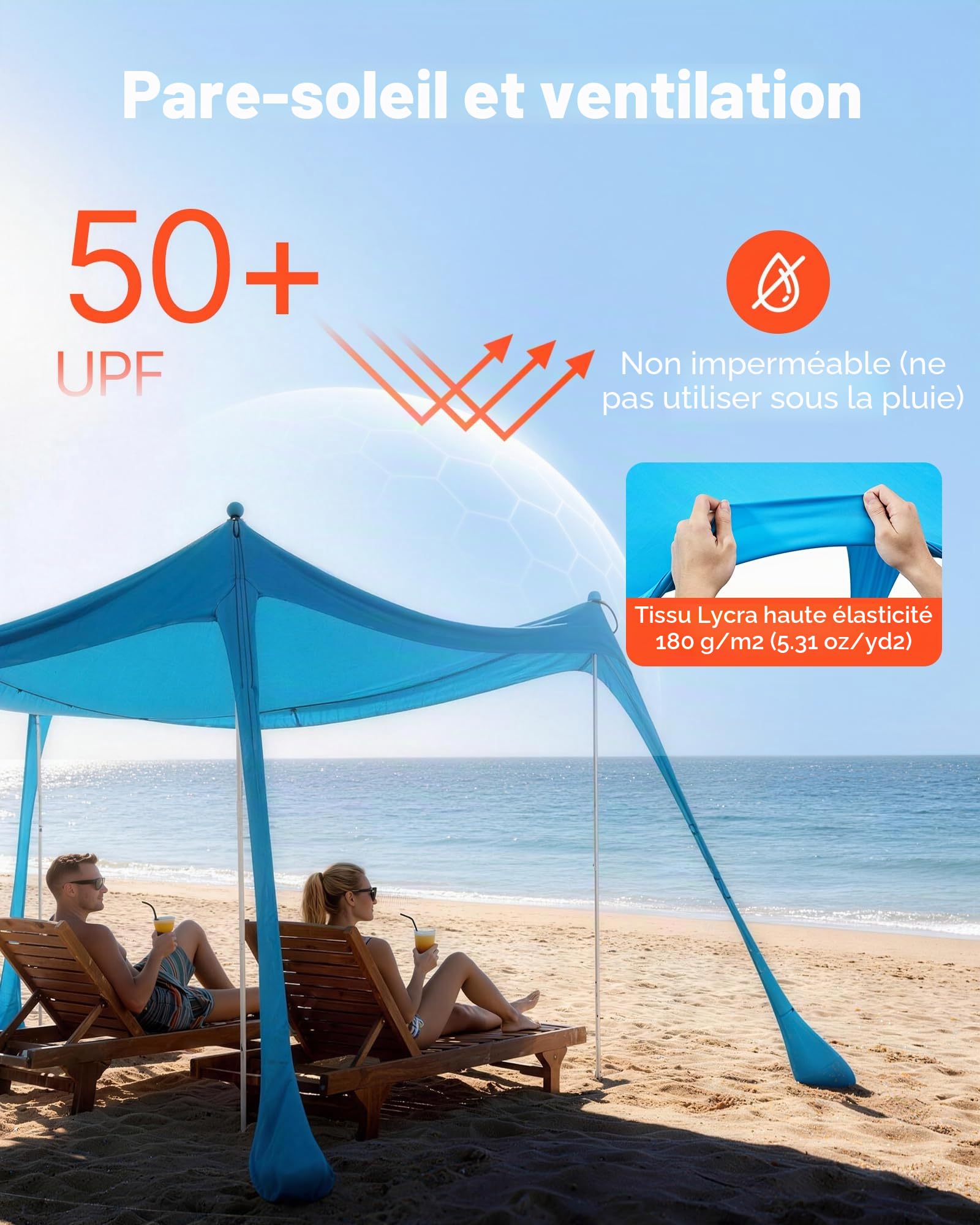 VEVOR Tente de Plage de 3x3x2 m, Abri Soleil UPF50+, Pare-Soleil Extérieur pour Plage Parc Camping et Pêche, Auvent de Protection UV avec 4 Sacs de Sable, Poteaux de Soutien et Pelles à Sable, Bleu