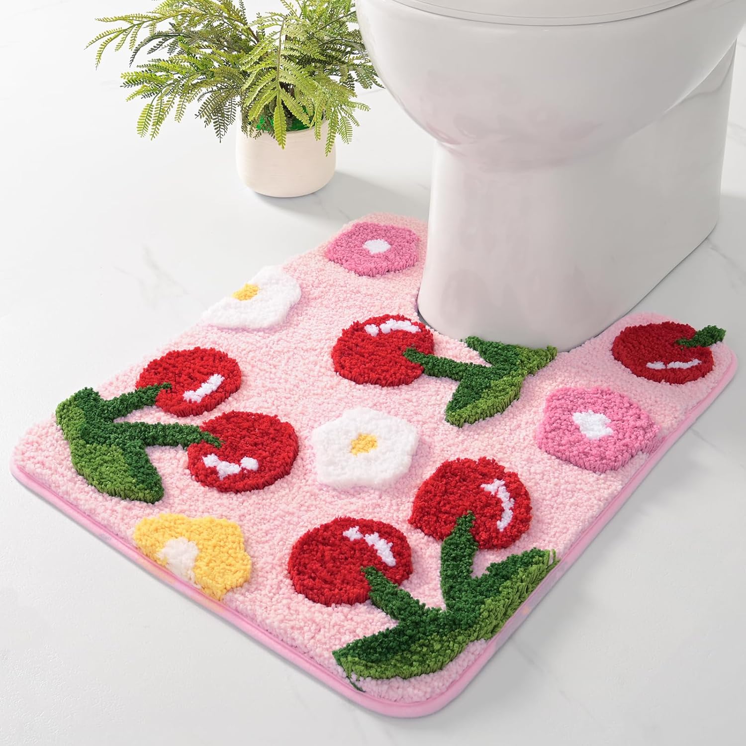 Anybar Pink Cherry Toilet Rug & Mat U-Shaped 20"x20" - Soft Microfiber Contour Bath Rug Absorbent Non-Slip Bathroom Toilet Rugs Plush Bathroom Mat for Toilet Base Machine Washable Shaggy Bath Decor