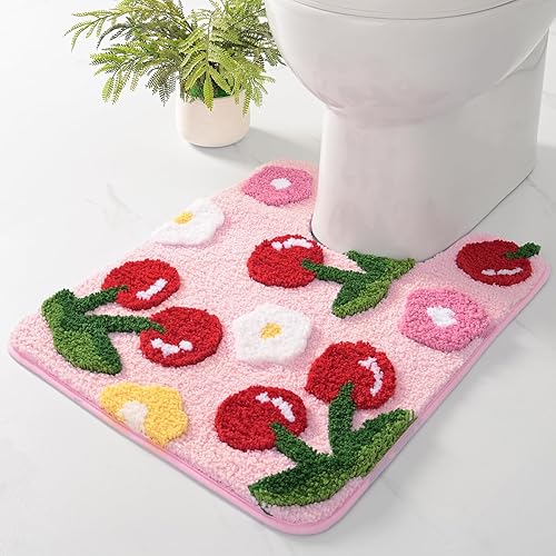 Anybar Pink Cherry Toilet Rug & Mat U-Shaped 20"x20" - Soft Microfiber Contour Bath Rug Absorbent Non-Slip Bathroom Toilet Rugs Plush Bathroom Mat for Toilet Base Machine Washable Shaggy Bath Decor - 1'8" x 1'8" (U-Shape) - Pink