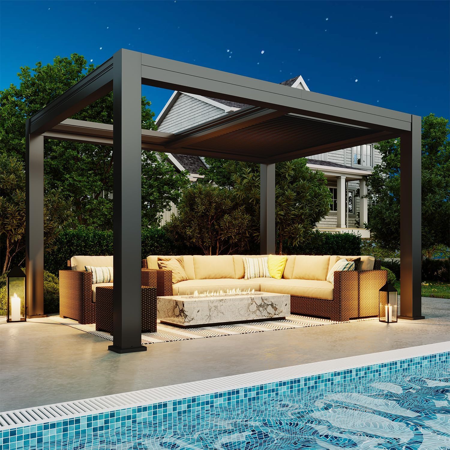 MELLCOM Electric Retractable Pergola 10x13, Aluminum Motorized Louvered Pergola, 2 Independent Adjustable Louvers, Integrated Drainage System, Dark Gray