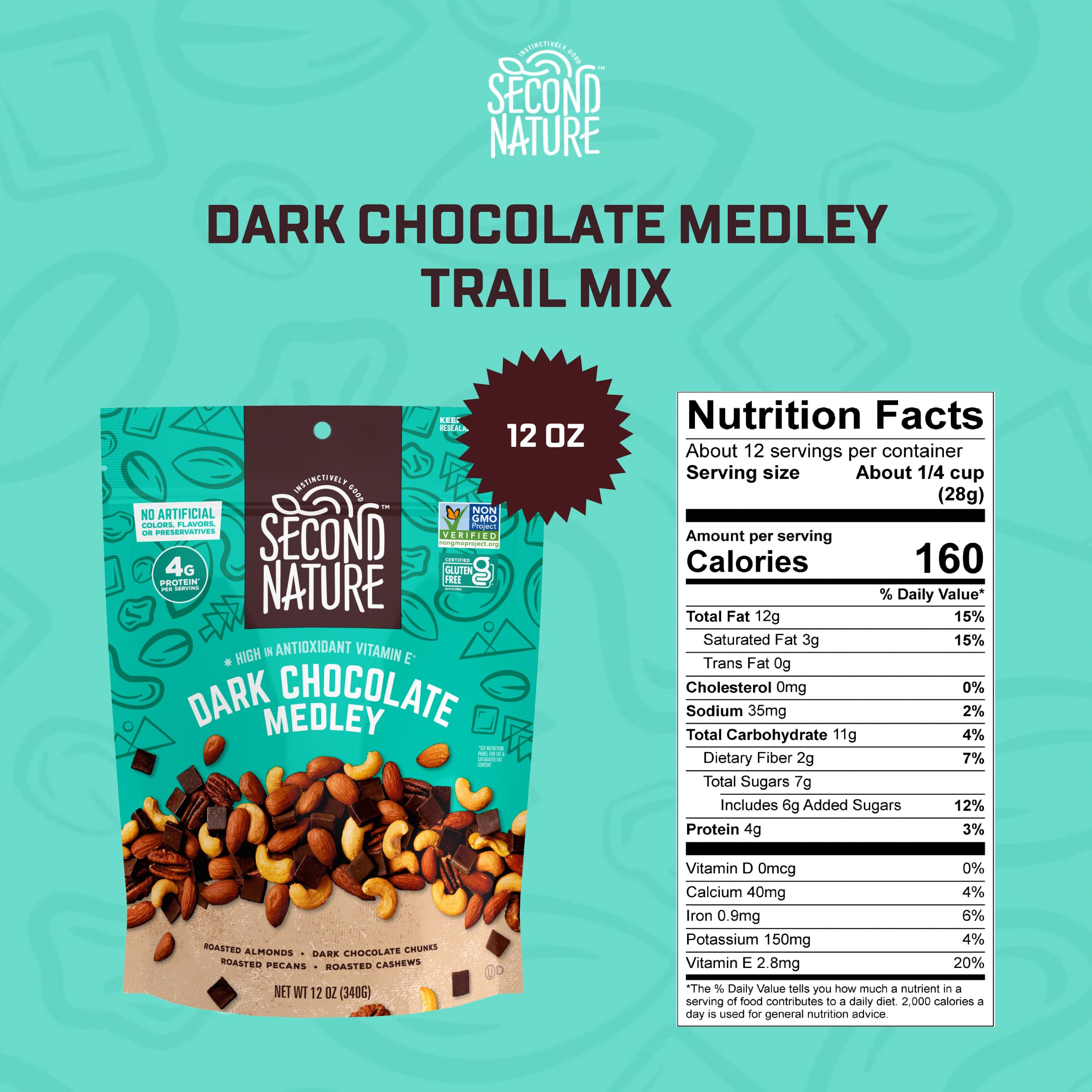 Second Nature Dark Chocolate Medley Trail Mix, 12 oz. Resealable Pouch (Pack of 1) – Certified Gluten-Free Snack Mix – Dark Chocolate and Nut Trail Mix Ideal for Quick Travel Snacks or Lunch Snacks thumbnail 2