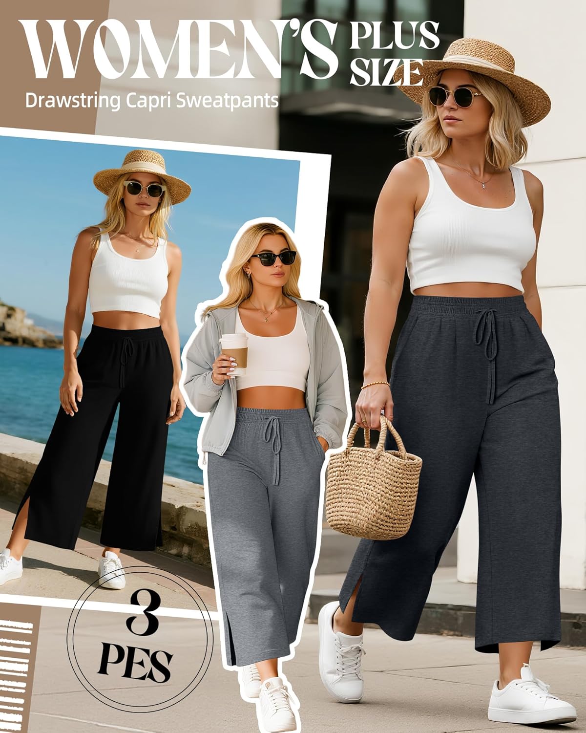 Neer 3 Pack Women's Plus Size Capris, Drawstring Cropped Wide Leg Pants Lounge Athletic Yoga Sweatpant with Pocket